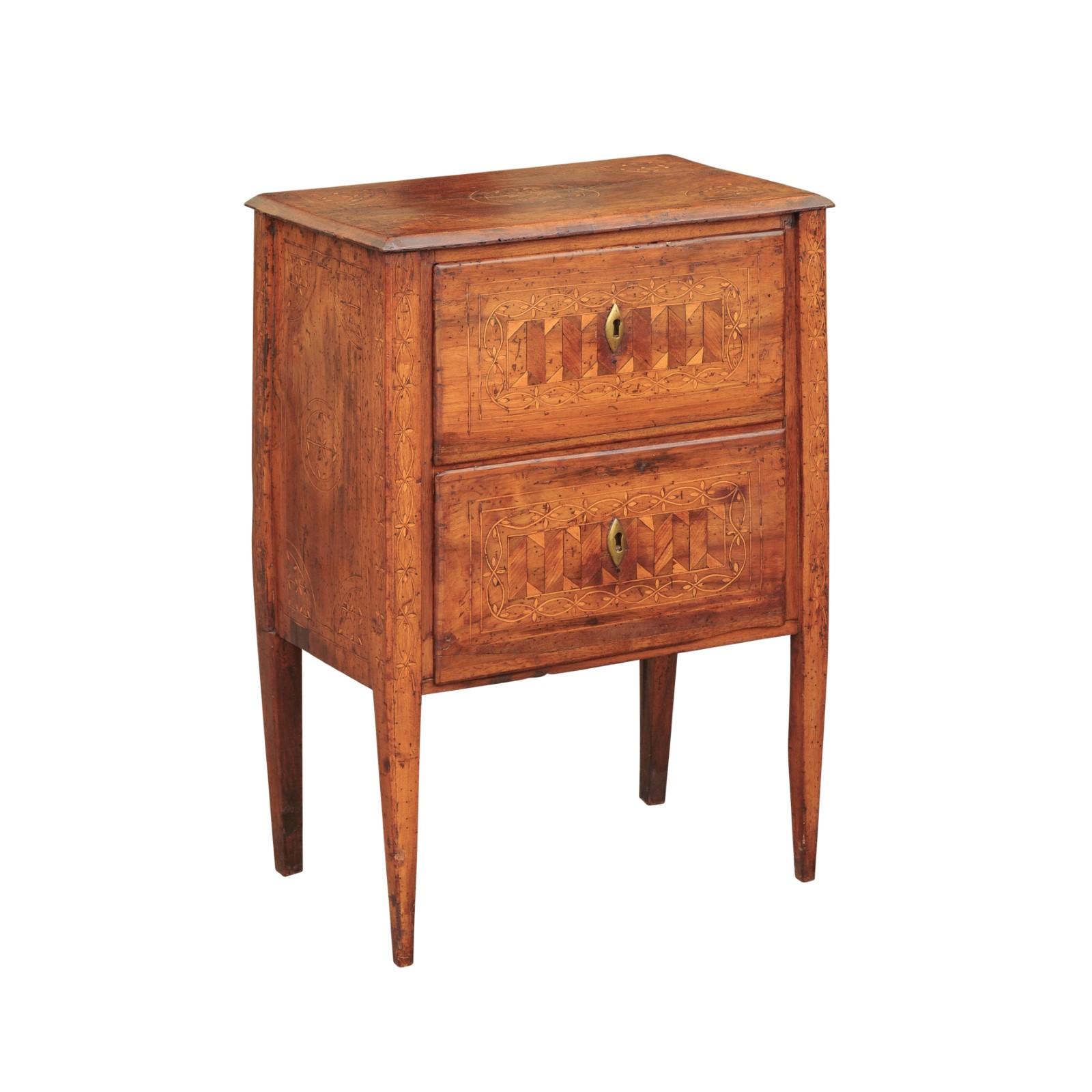 Italian 1800s Neoclassical Walnut Commode with Geometrical and Floral Inlay