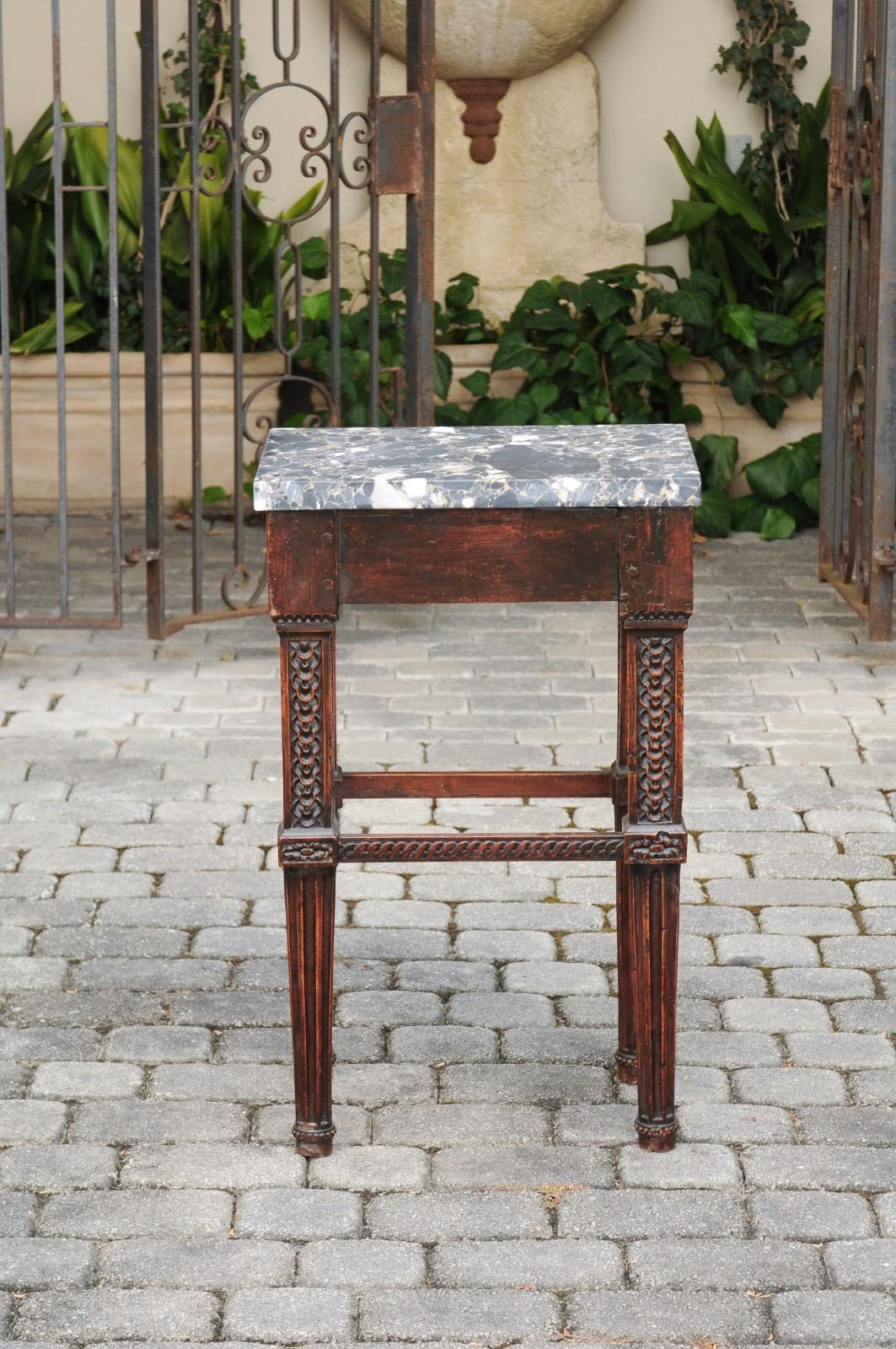 Italian 1800s Neoclassical Walnut Side Table with Marble Top and Carved Decor For Sale 6