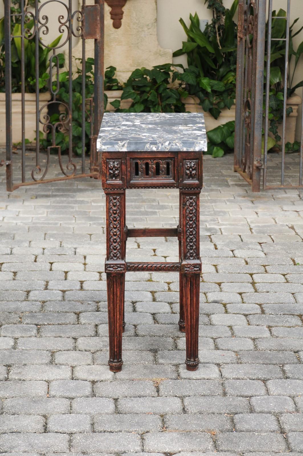 Italian 1800s Neoclassical Walnut Side Table with Marble Top and Carved Decor For Sale 7