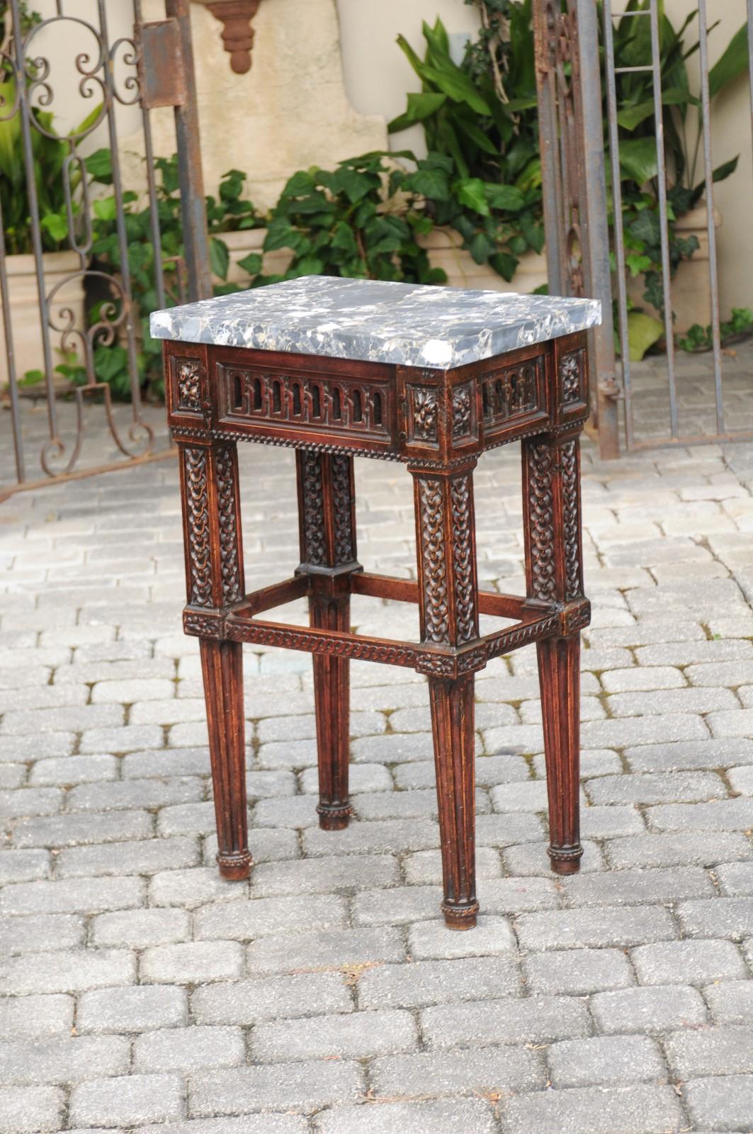 Italian 1800s Neoclassical Walnut Side Table with Marble Top and Carved Decor For Sale 8