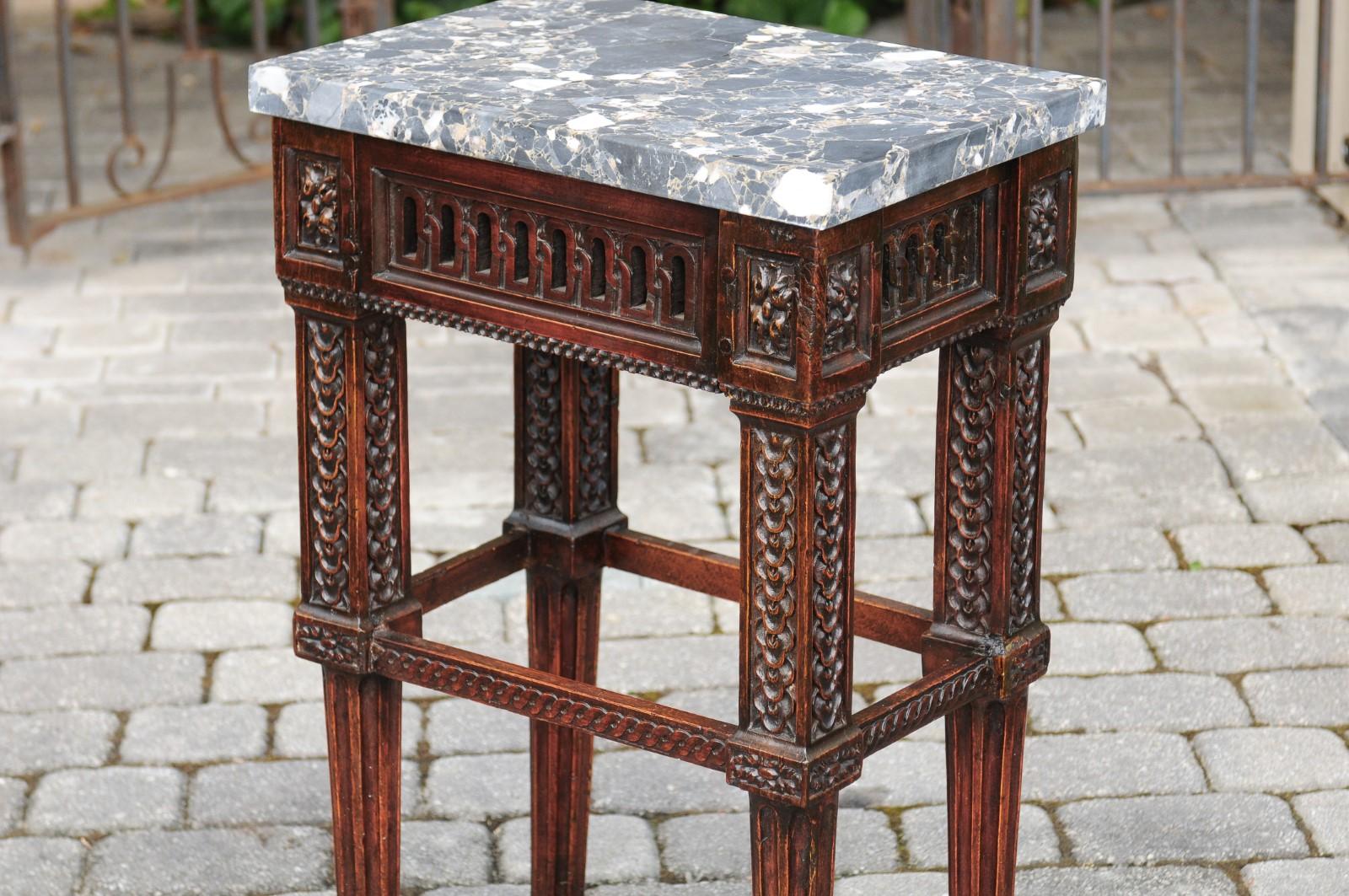 Italian 1800s Neoclassical Walnut Side Table with Marble Top and Carved Decor For Sale 10