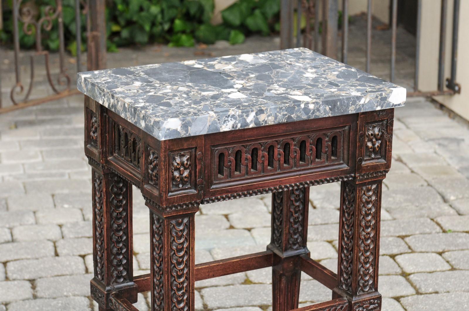19th Century Italian 1800s Neoclassical Walnut Side Table with Marble Top and Carved Decor For Sale