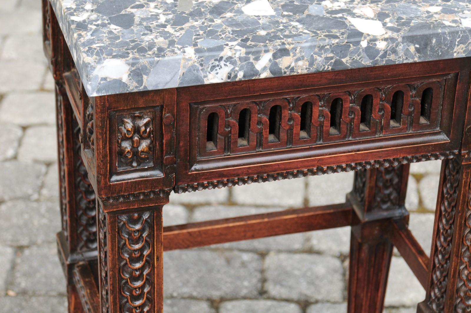 Italian 1800s Neoclassical Walnut Side Table with Marble Top and Carved Decor For Sale 3