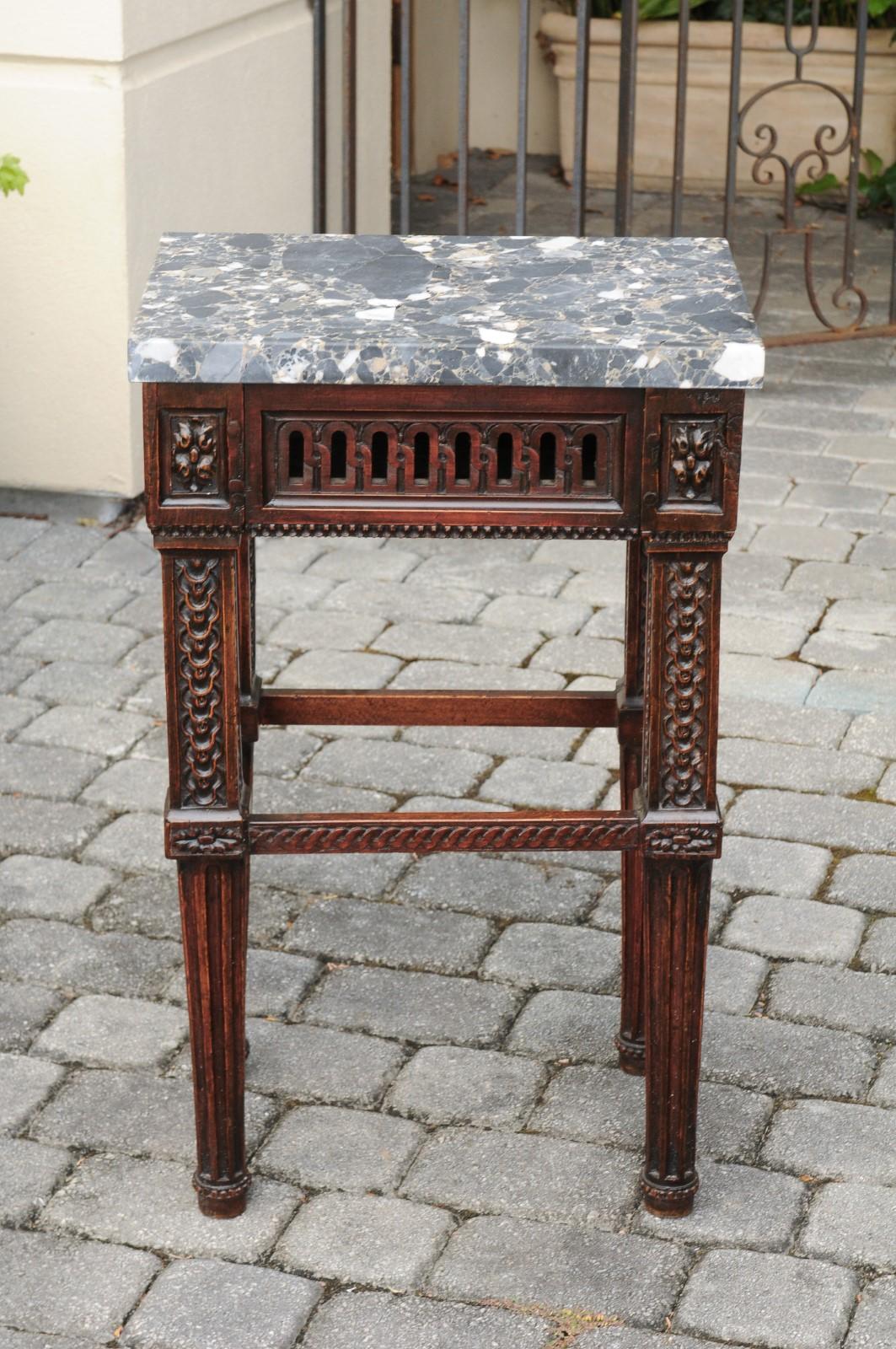 Italian 1800s Neoclassical Walnut Side Table with Marble Top and Carved Decor For Sale 4