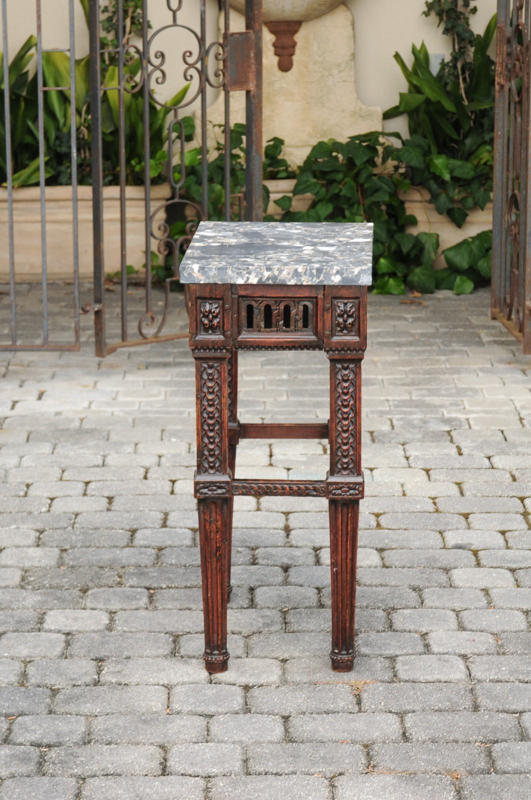 Italian 1800s Neoclassical Walnut Side Table with Marble Top and Carved Decor For Sale 5