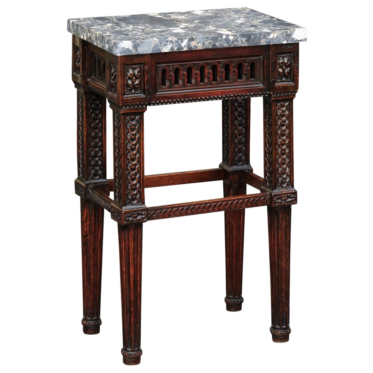 Italian 1800s Neoclassical Walnut Side Table with Marble Top and Carved Decor For Sale