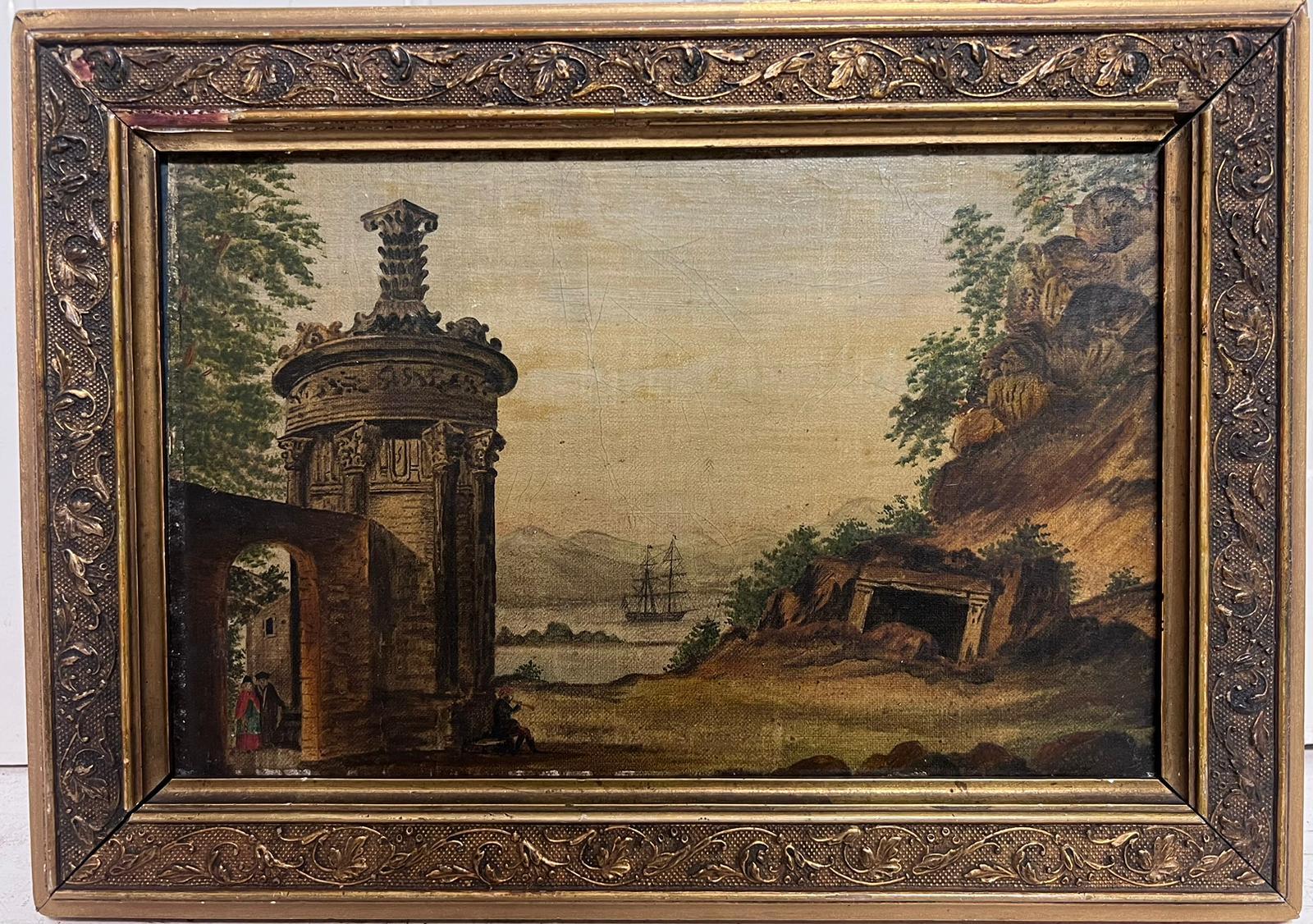 Paesaggio classico italiano dell'inizio del 1800 con antiche rovine e porto di mare - Painting di Italian 1800's