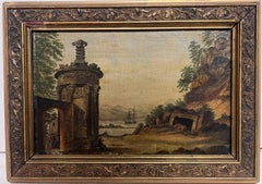Early 1800's Italian Classical Landscape with Ancient Ruins & Sea Port Painting