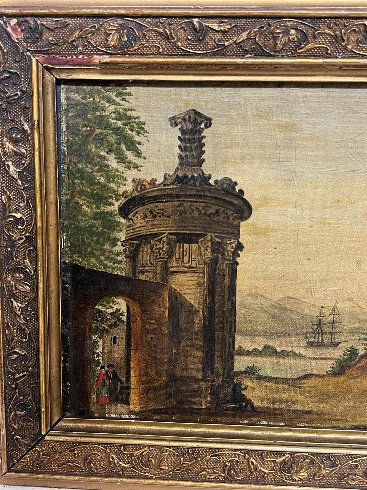 Early 1800's Italian Classical Landscape with Ancient Ruins & Sea Port Painting For Sale 1