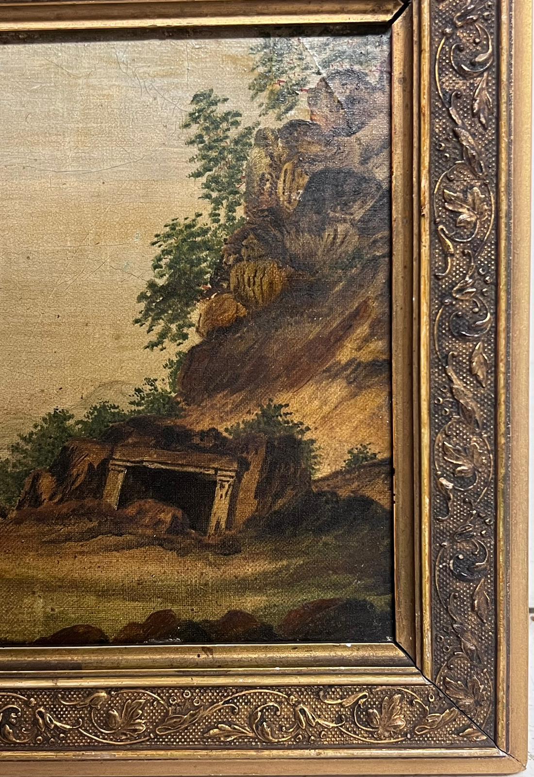 Die klassische italienische Landschaft
Italienischer Künstler, um 1800er Jahre
Öl auf Leinwand auf Karton aufgezogen, gerahmt
Gerahmt: 9,5 x 13 Zoll
Pappe: 7 x 11 Zoll
Provenienz: Privatsammlung
Zustand: ein paar Schrammen und Flecken auf der
