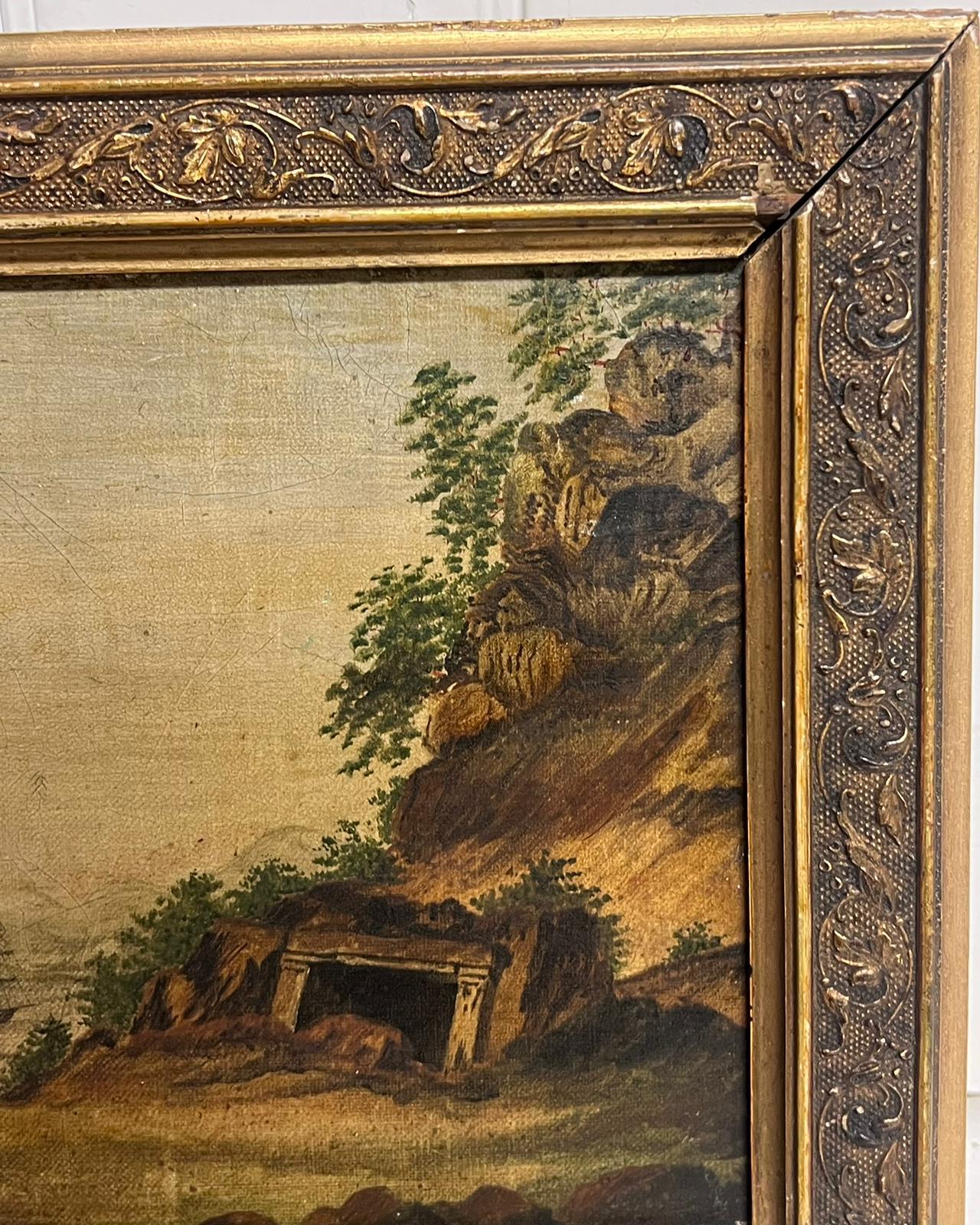 Early 1800's Italian Classical Landscape with Ancient Ruins & Sea Port Painting For Sale 3