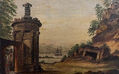 Peinture italienne du début du XIXe siècle représentant un paysage classique avec des ruines antiques et un port maritime