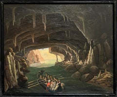 Early 19th-Century Italian Painting Boat Expedition Grotto Coastal Cave