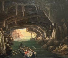 Early 19th-Century Italian Painting Boat Expedition Grotto Coastal Cave