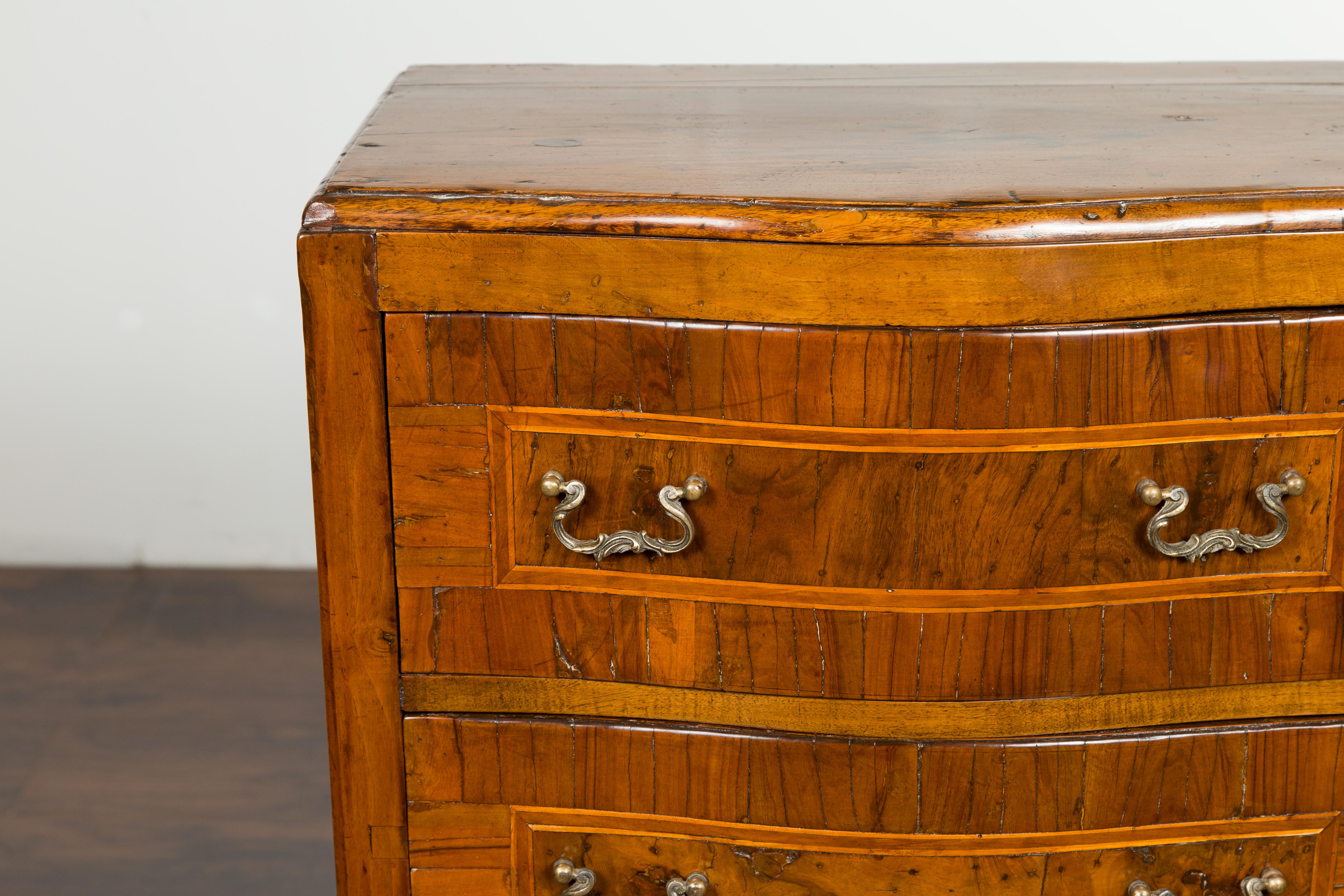 19th Century Italian 1800s Petite Walnut Three-Drawer Bow Front Chest with Banding For Sale