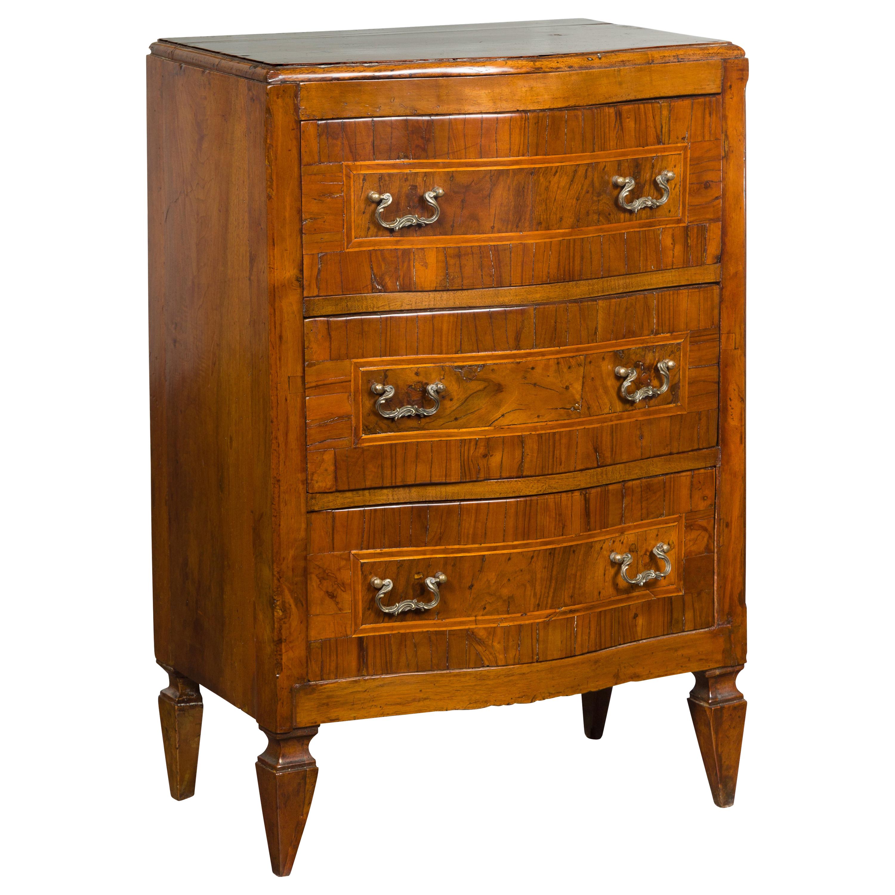 Italian 1800s Petite Walnut Three-Drawer Bow Front Chest with Banding For Sale