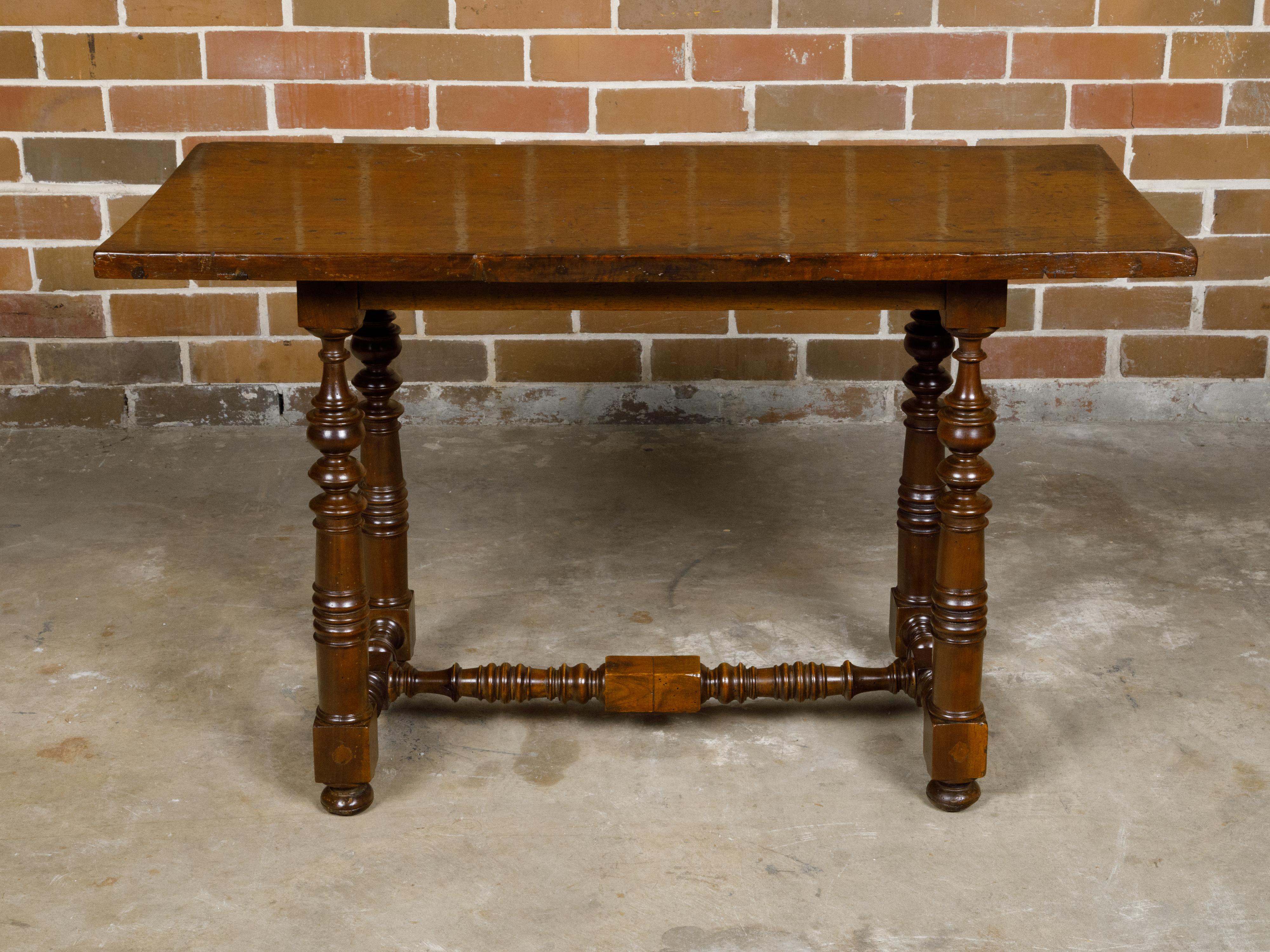 Italian 1800s Walnut Baroque Style Spool Table with H-Form Cross Stretcher For Sale 4