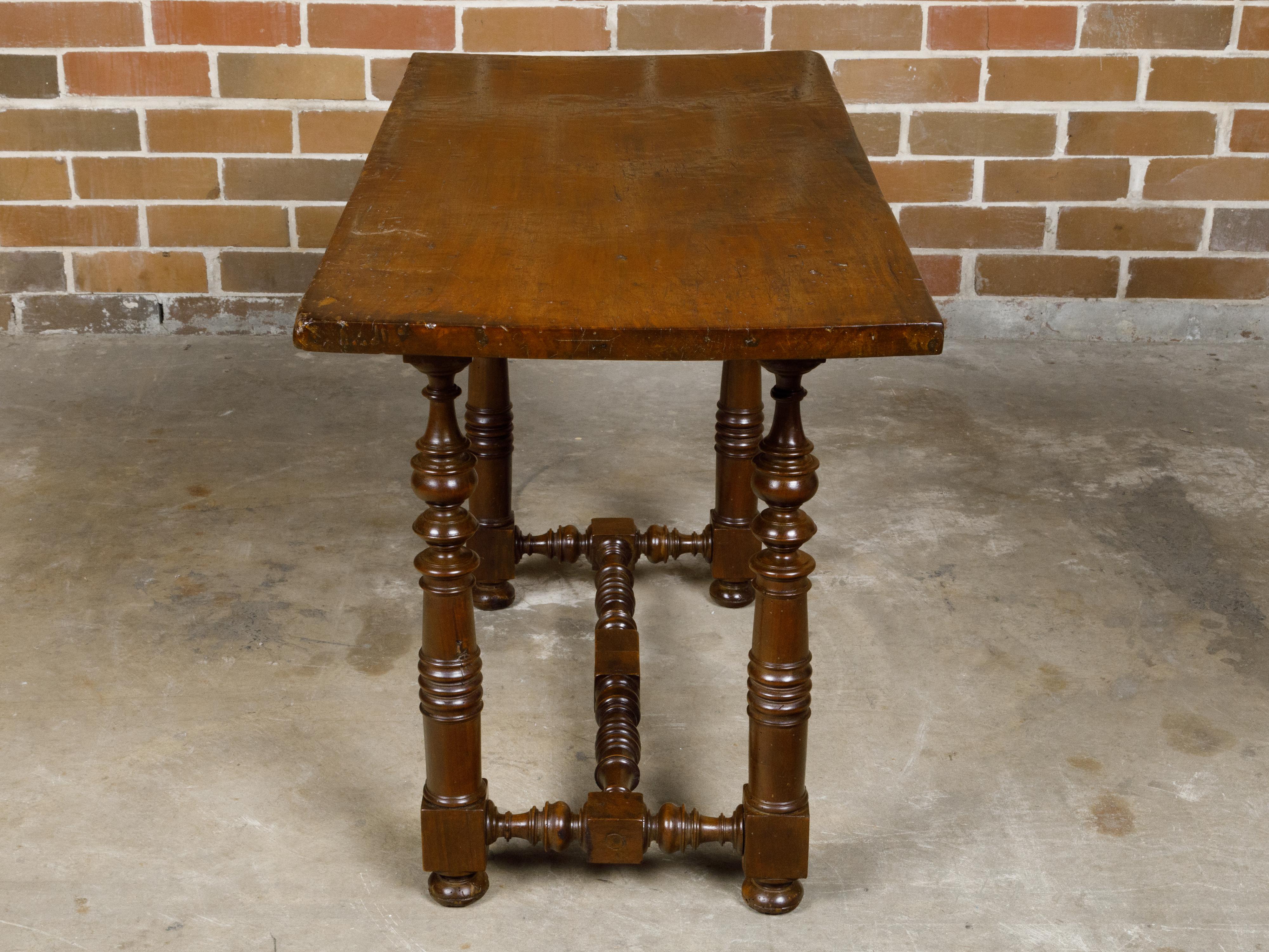 Italian 1800s Walnut Baroque Style Spool Table with H-Form Cross Stretcher For Sale 6