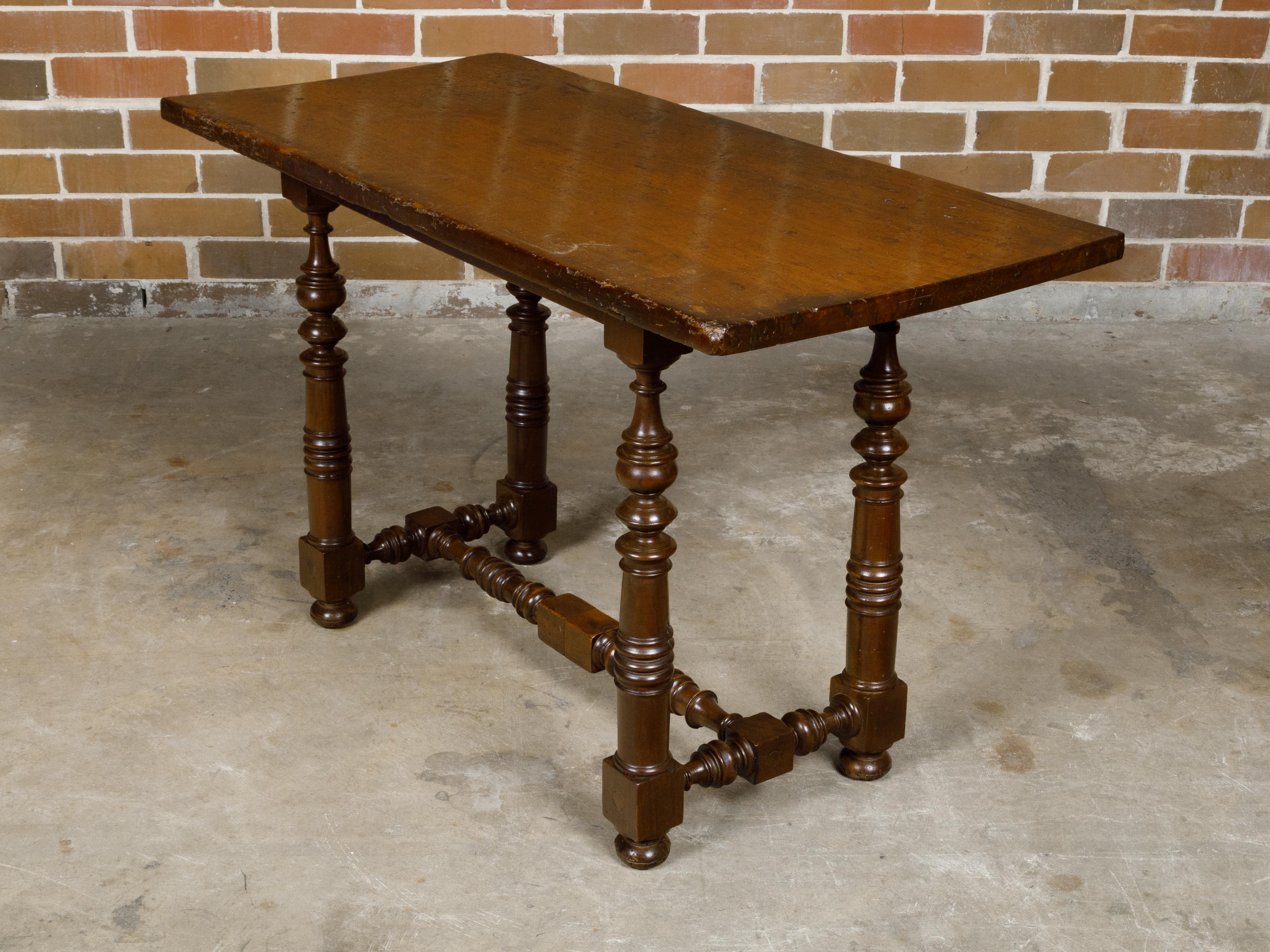 Italian 1800s Walnut Baroque Style Spool Table with H-Form Cross Stretcher For Sale 6