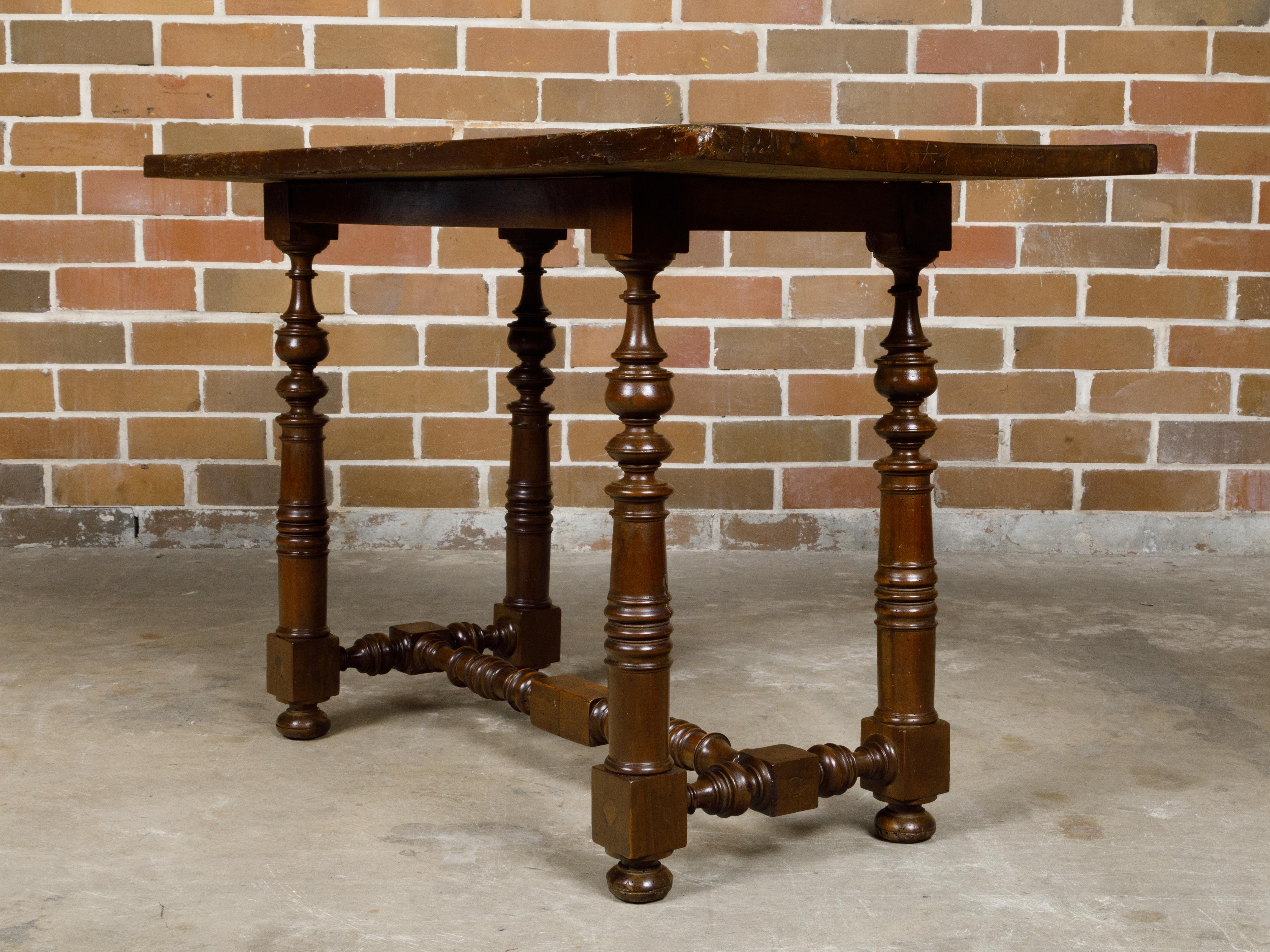 Italian 1800s Walnut Baroque Style Spool Table with H-Form Cross Stretcher For Sale 7