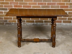 Italian 1800s Walnut Baroque Style Spool Table with H-Form Cross Stretcher