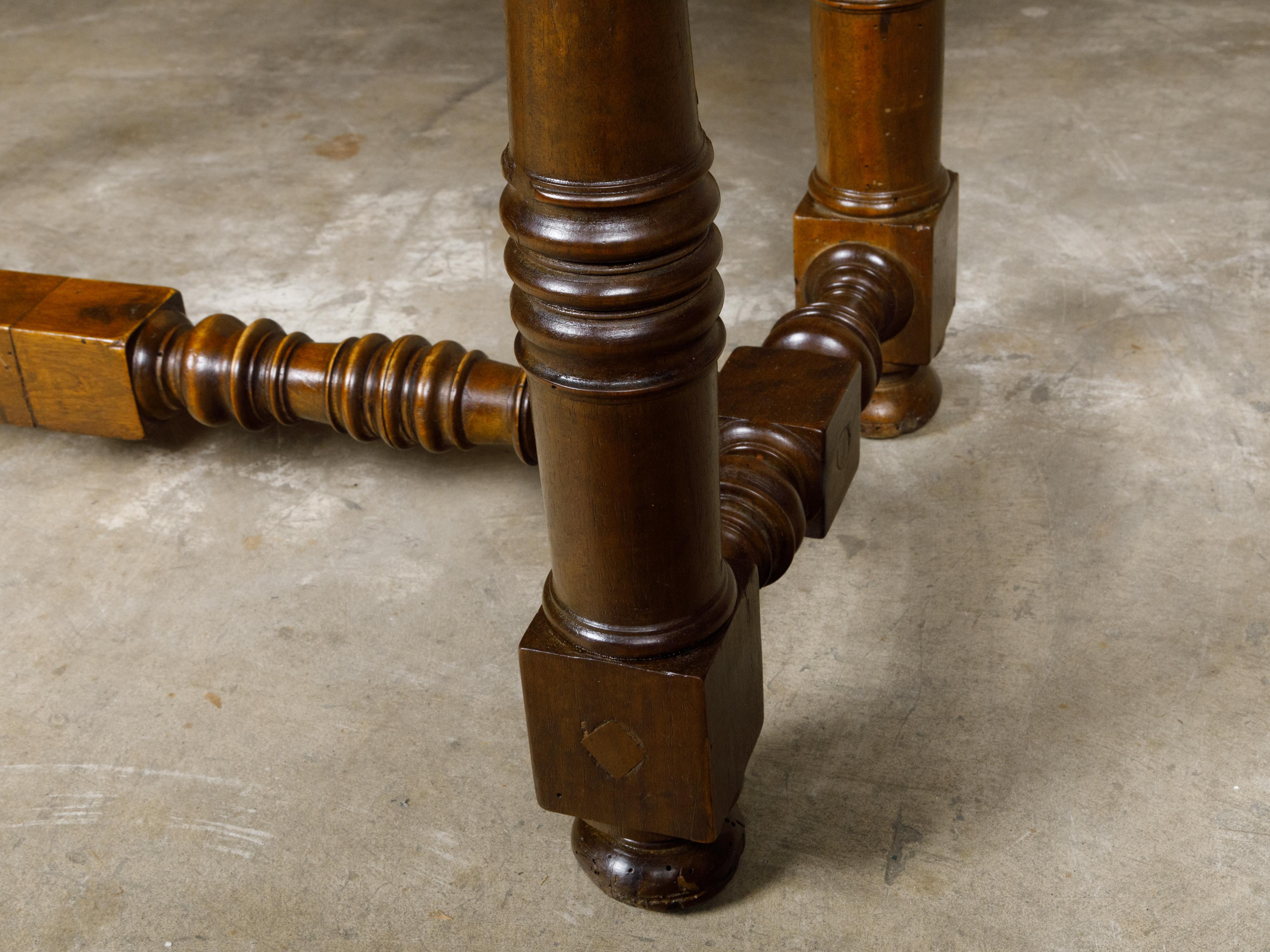 Turned Italian 1800s Walnut Baroque Style Spool Table with H-Form Cross Stretcher For Sale
