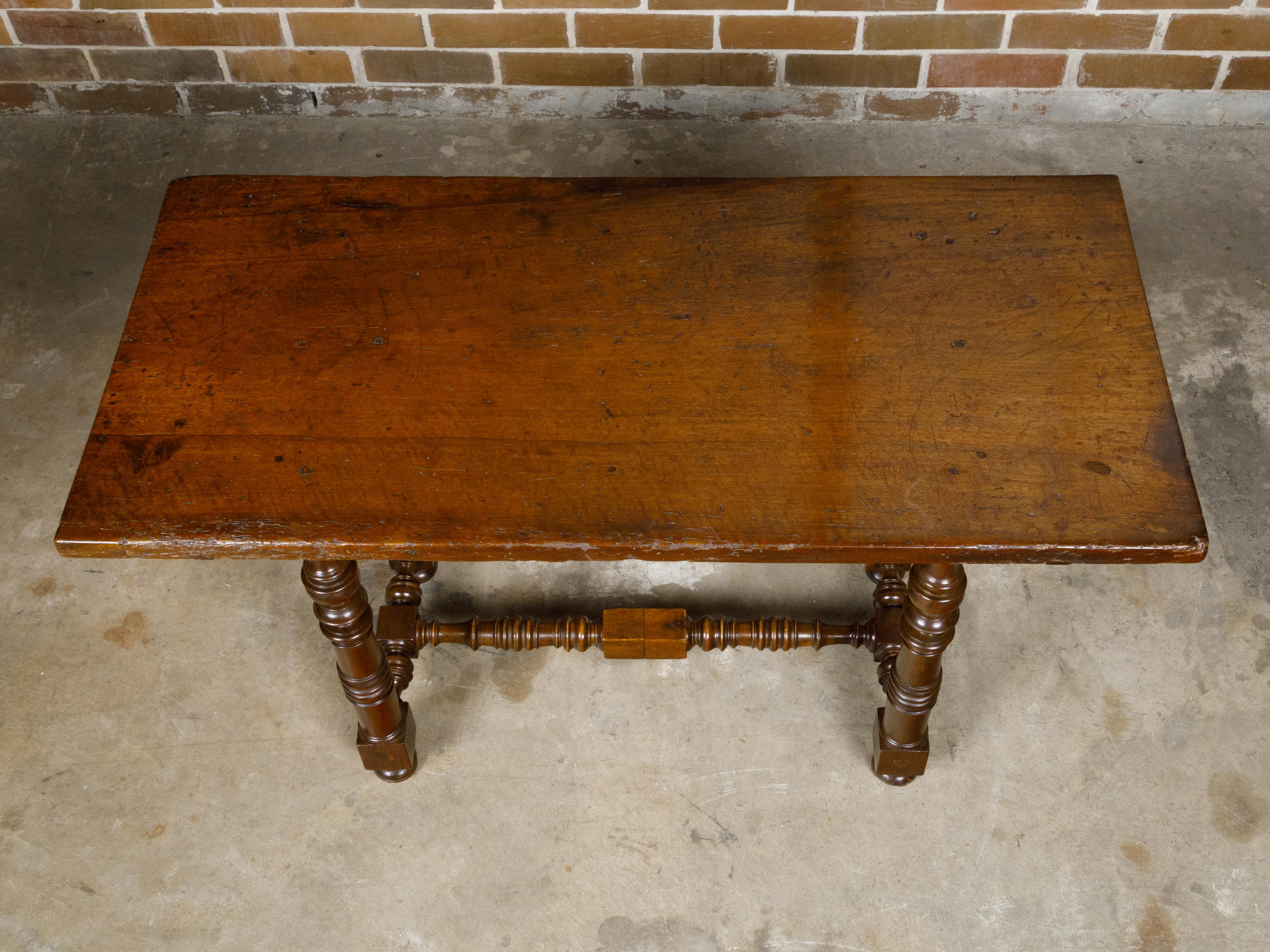 Italian 1800s Walnut Baroque Style Spool Table with H-Form Cross Stretcher For Sale 1