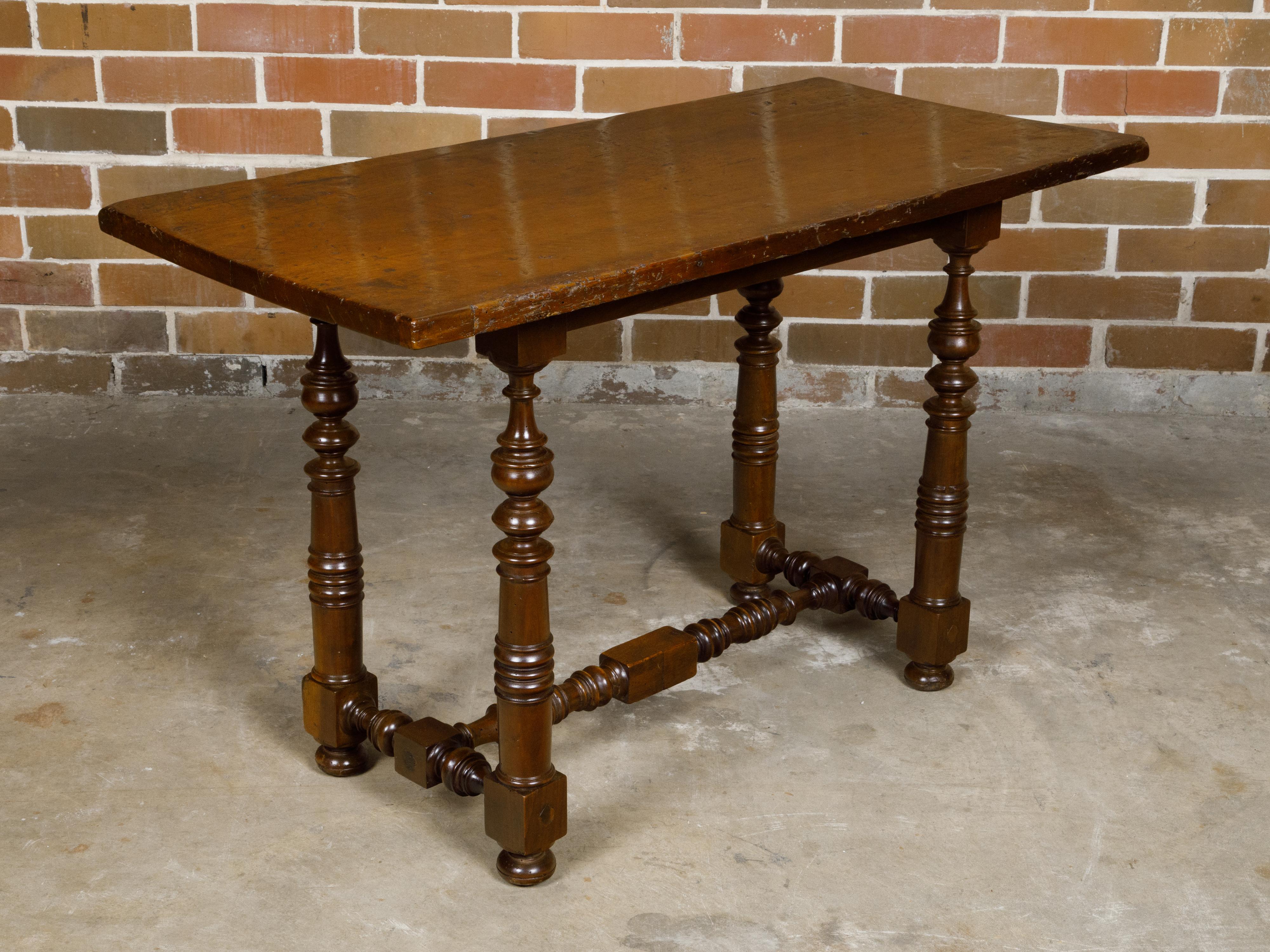 Italian 1800s Walnut Baroque Style Spool Table with H-Form Cross Stretcher For Sale 2