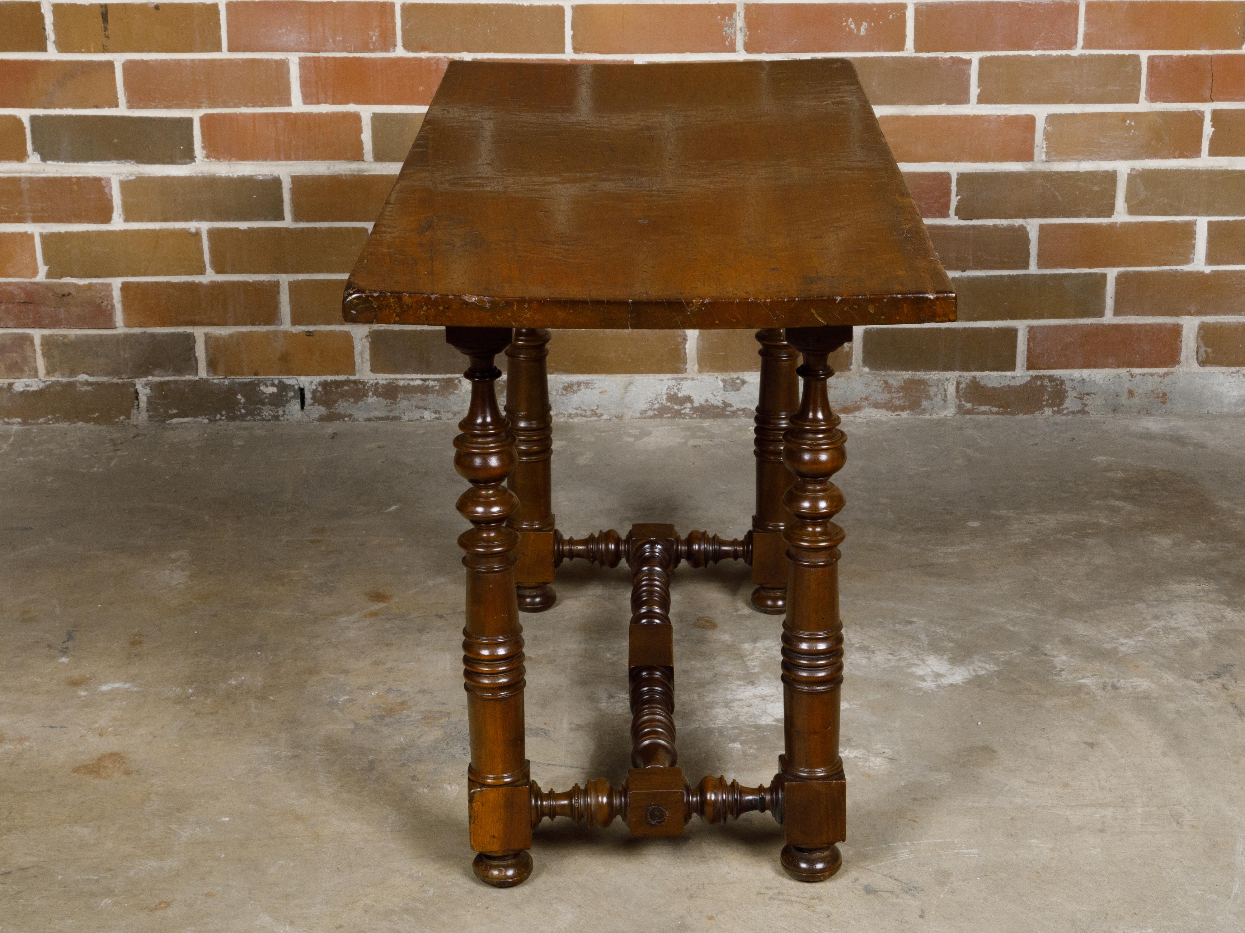 Italian 1800s Walnut Baroque Style Spool Table with H-Form Cross Stretcher For Sale 2