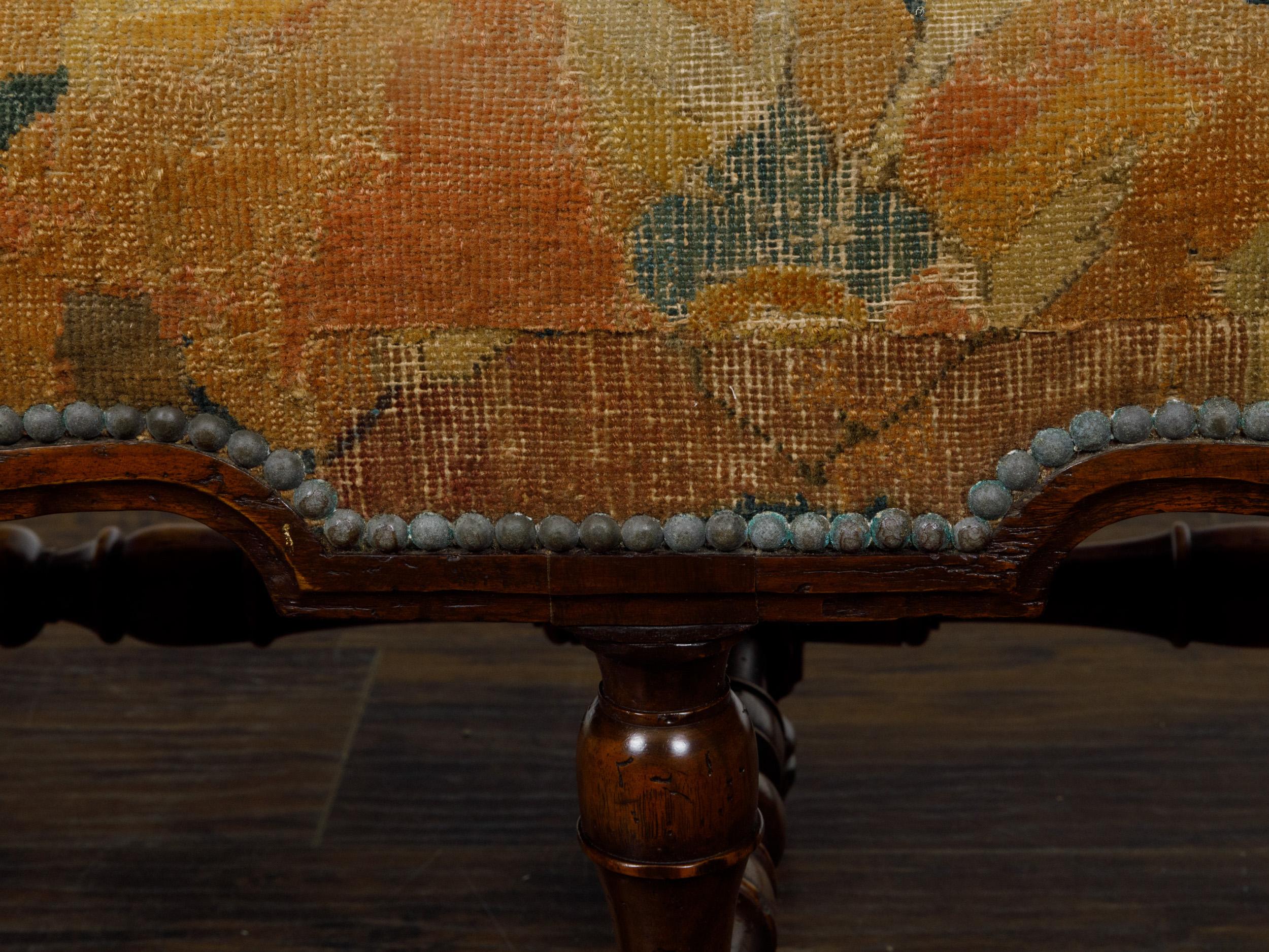 Italian 1800s Walnut Bench with Turned Base and Old Tapestry Upholstered Seat 6