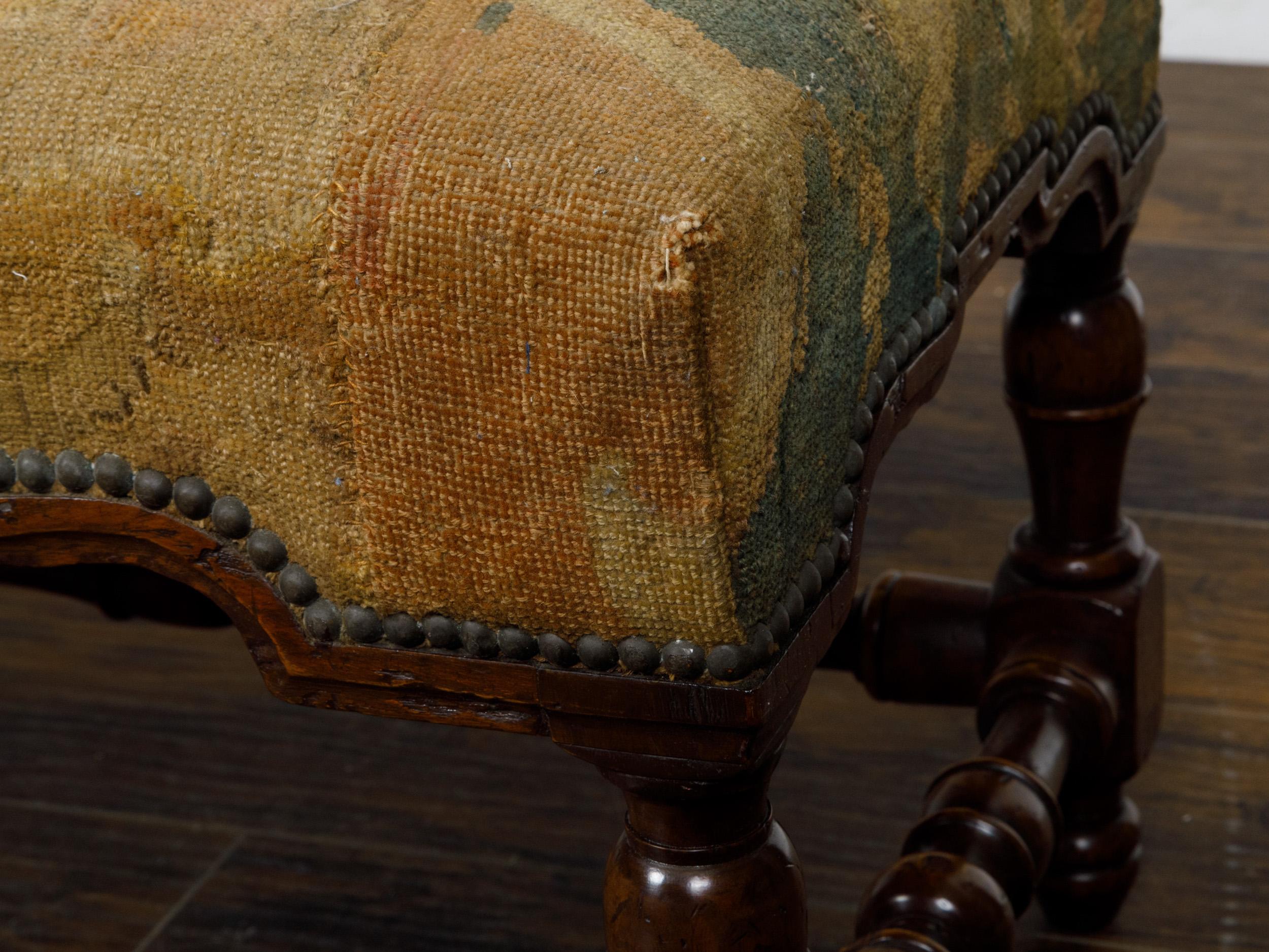 Italian 1800s Walnut Bench with Turned Base and Old Tapestry Upholstered Seat 8