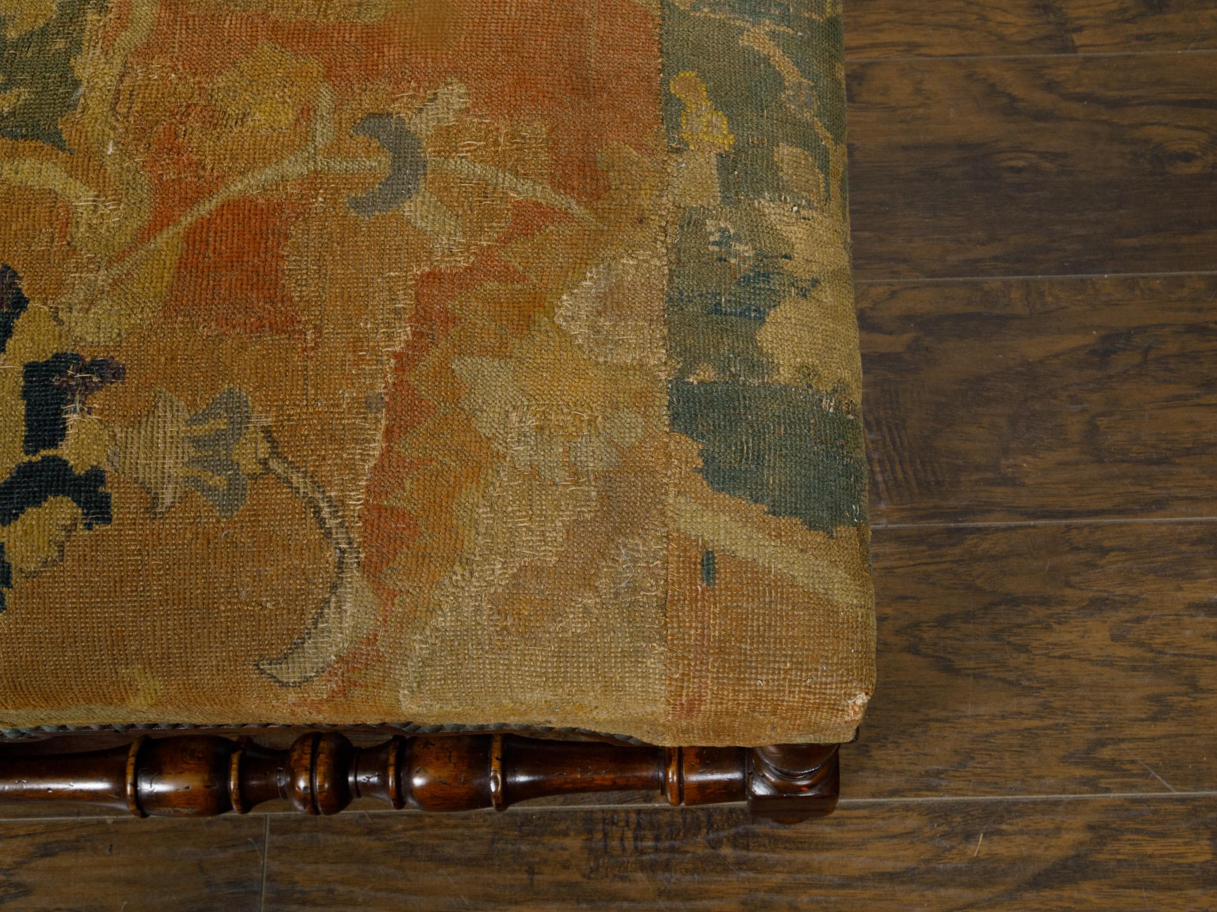 Italian 1800s Walnut Bench with Turned Base and Old Tapestry Upholstered Seat 9