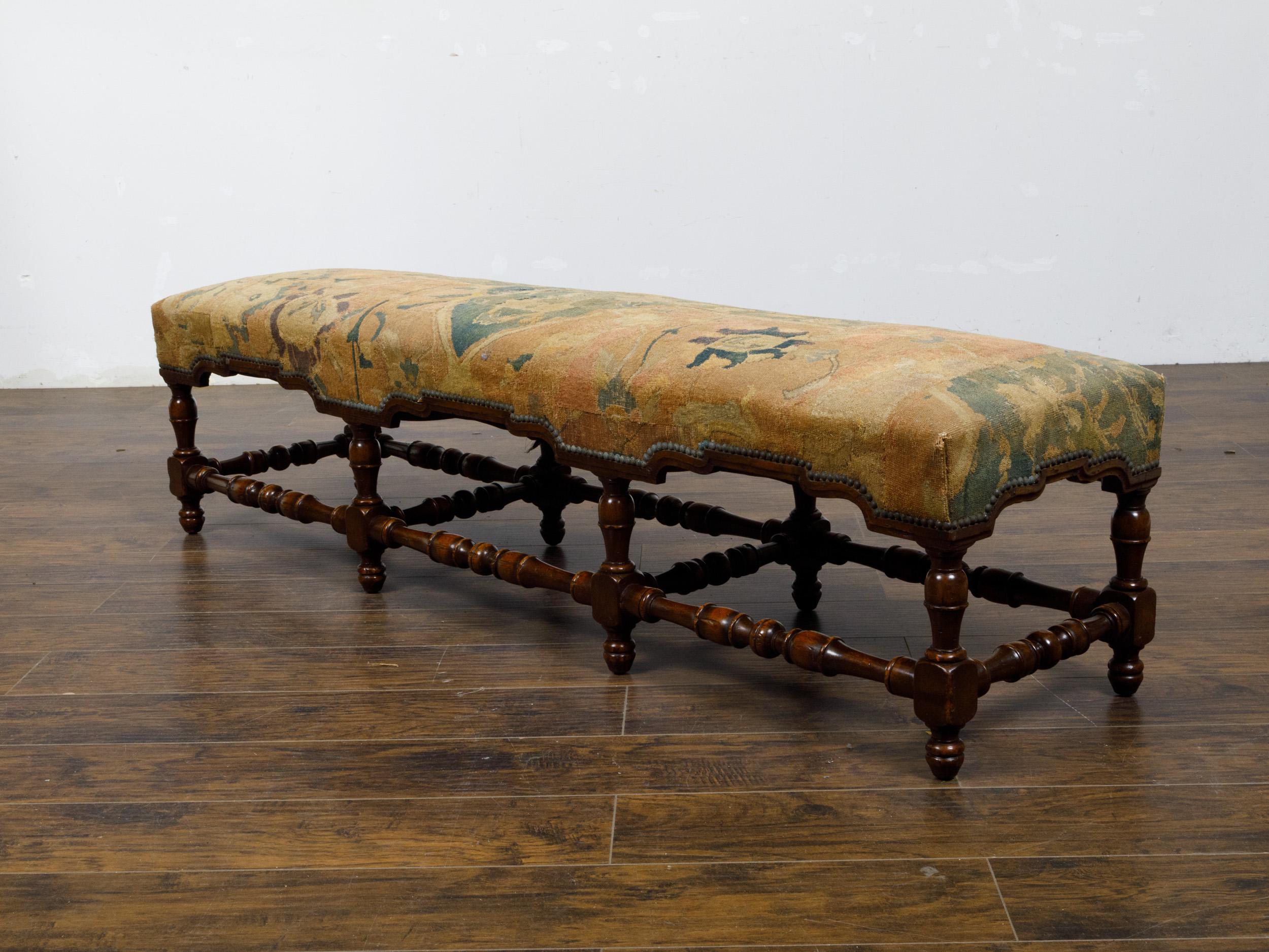 Italian 1800s Walnut Bench with Turned Base and Old Tapestry Upholstered Seat In Good Condition In Atlanta, GA