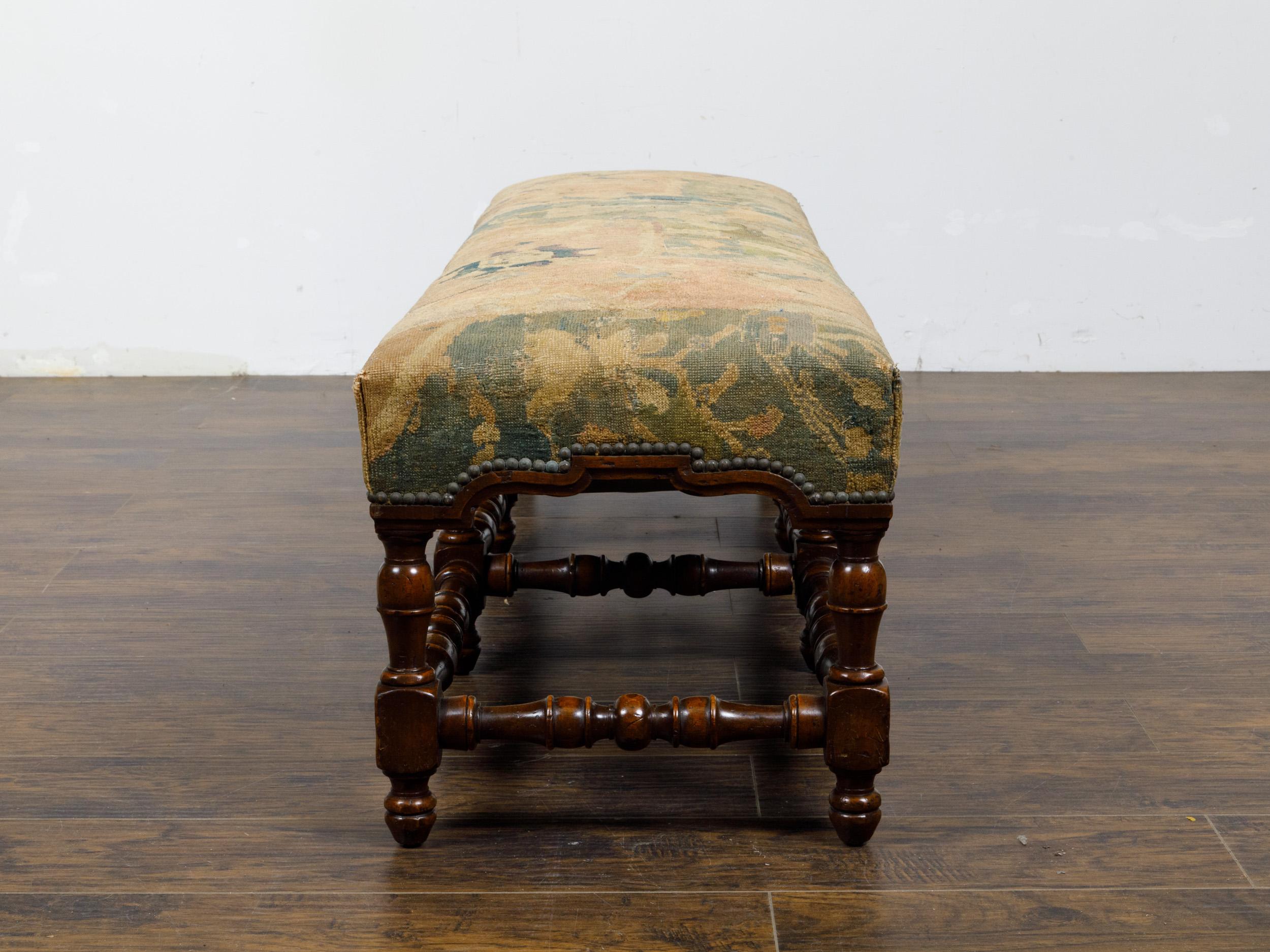 19th Century Italian 1800s Walnut Bench with Turned Base and Old Tapestry Upholstered Seat