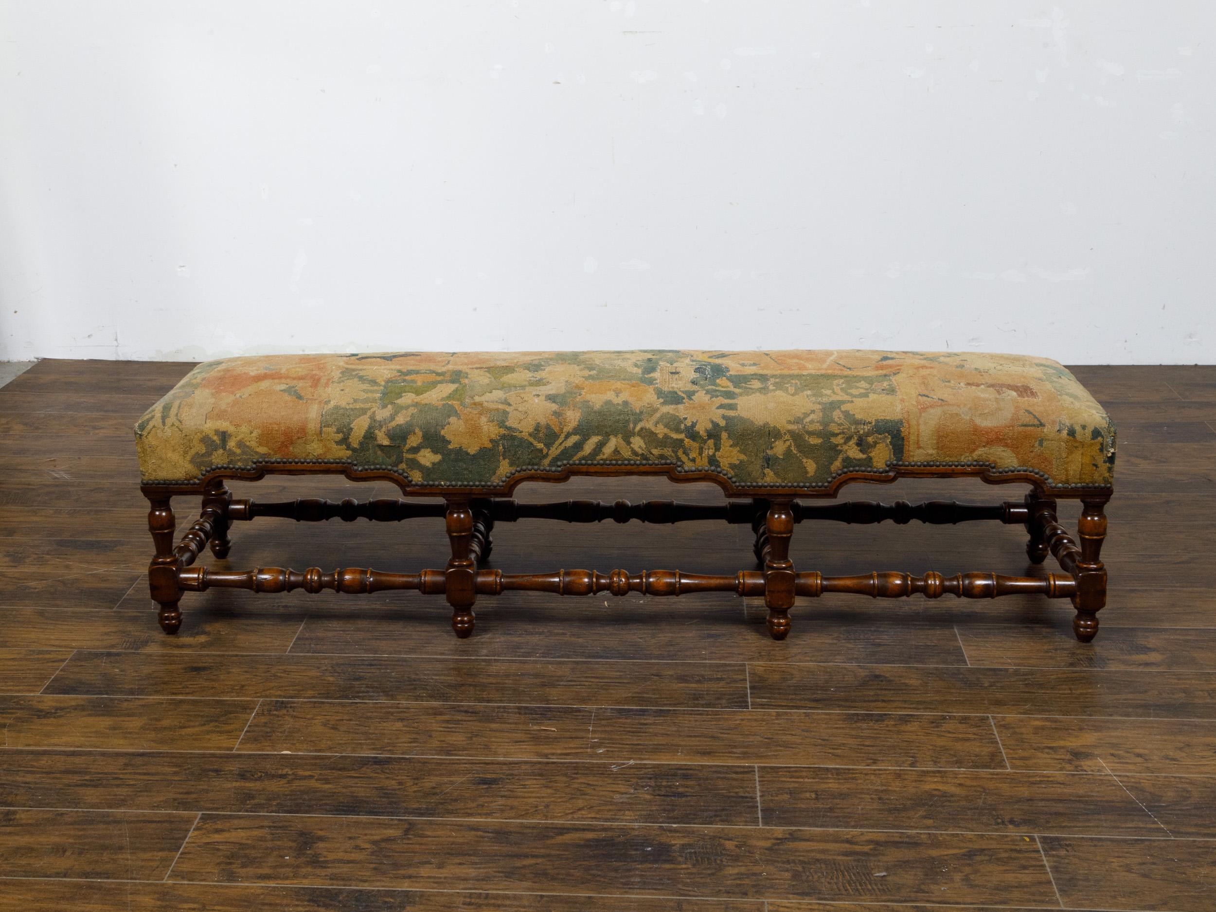 Italian 1800s Walnut Bench with Turned Base and Old Tapestry Upholstered Seat 1