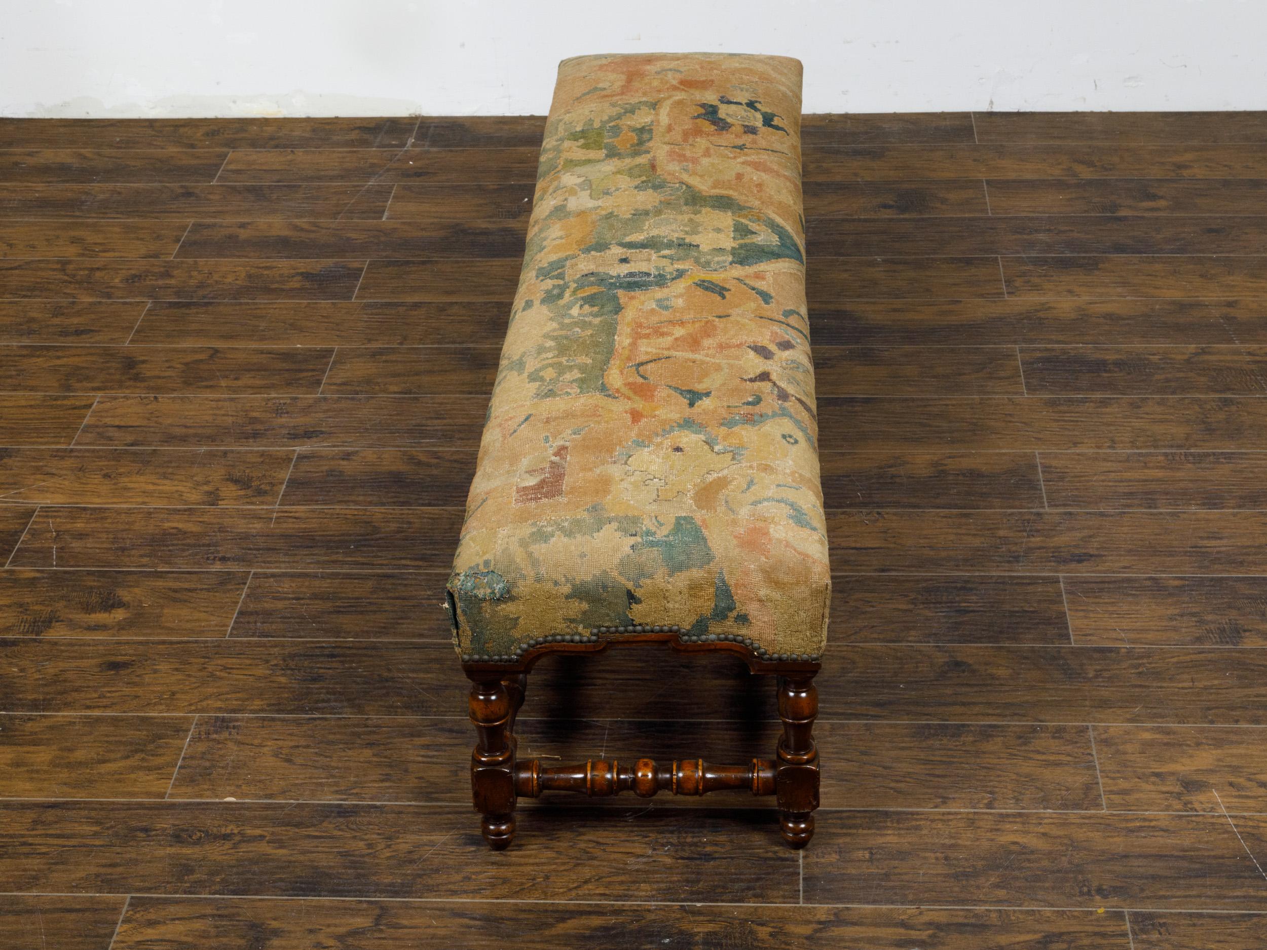 Italian 1800s Walnut Bench with Turned Base and Old Tapestry Upholstered Seat 2