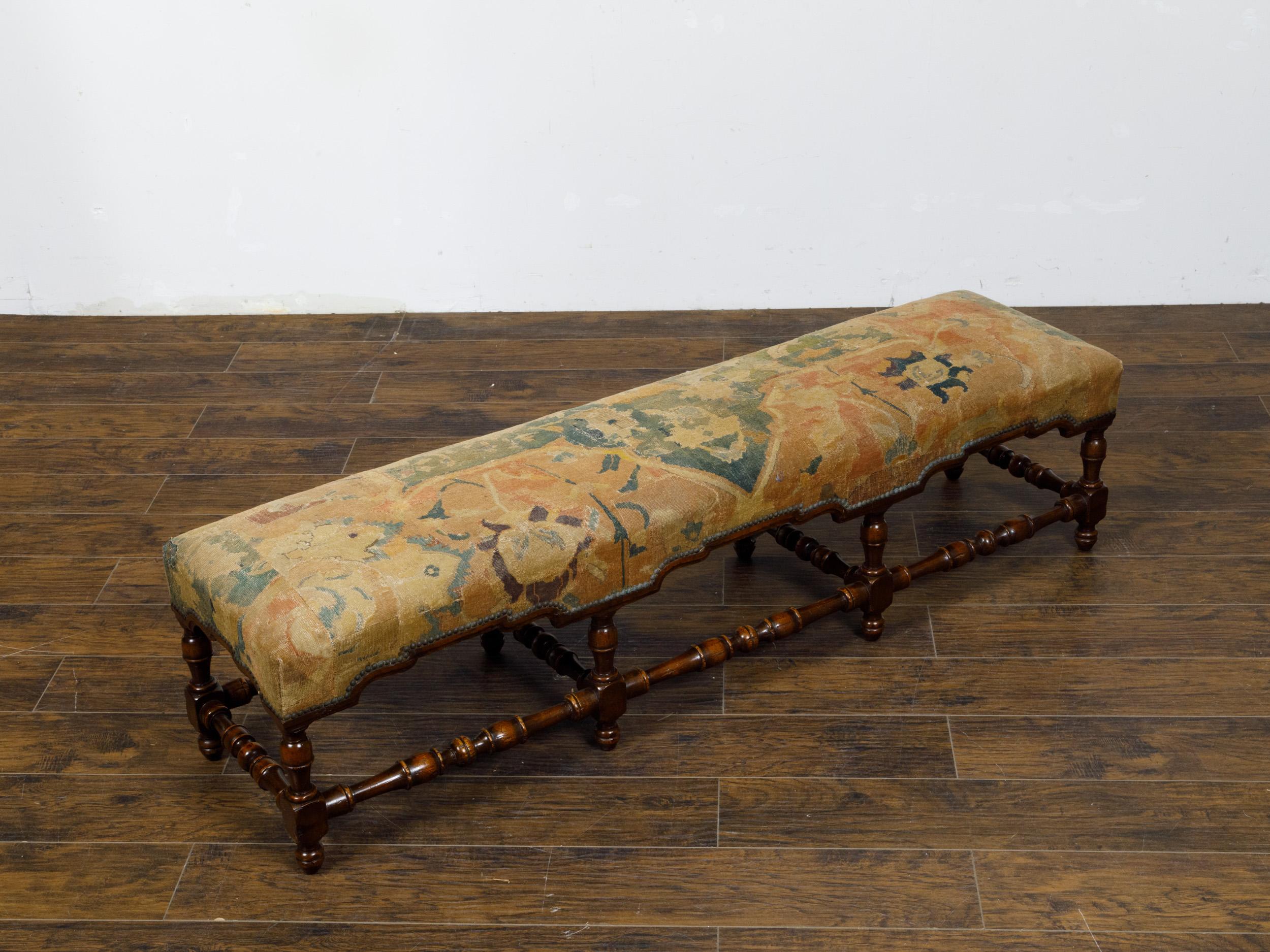 Italian 1800s Walnut Bench with Turned Base and Old Tapestry Upholstered Seat 3