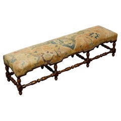 Used Italian 1800s Walnut Bench with Turned Base and Old Tapestry Upholstered Seat