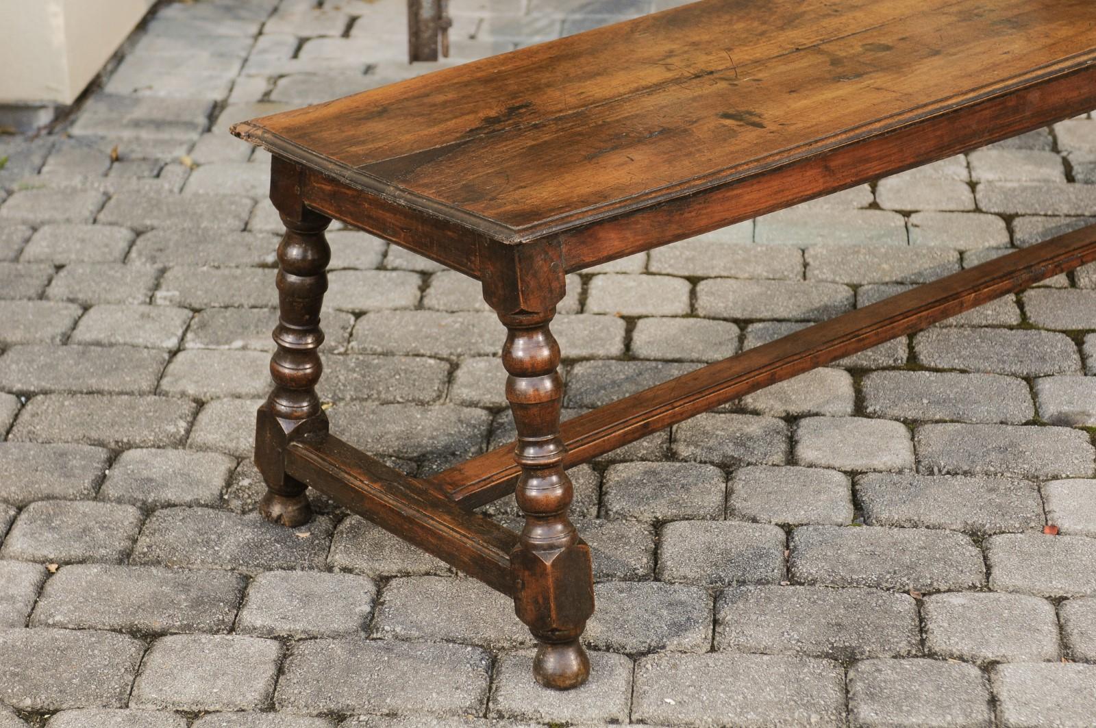19th Century Italian 1800s Walnut Bench with Turned Legs and H-Form Cross Stretcher