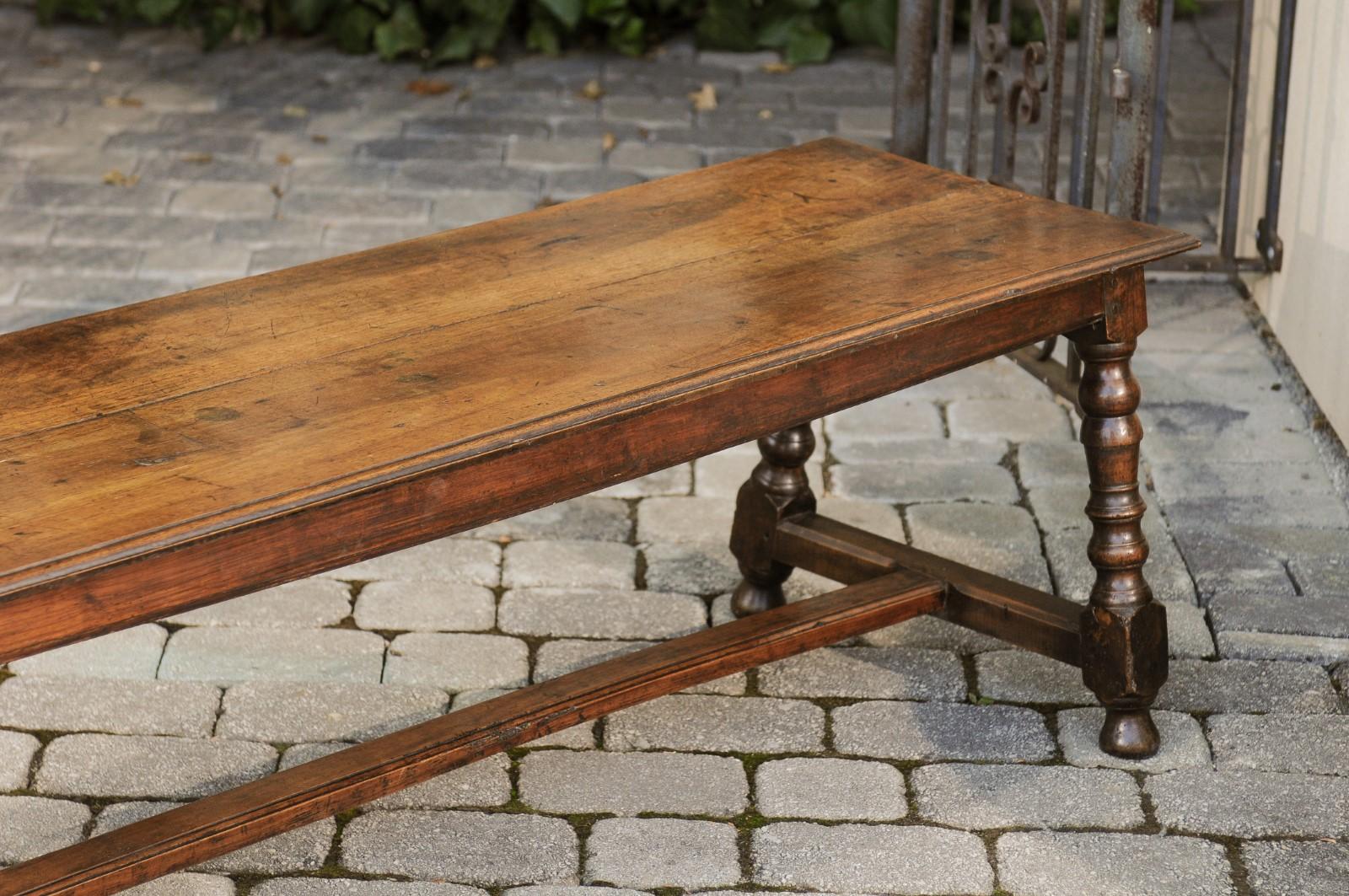 Italian 1800s Walnut Bench with Turned Legs and H-Form Cross Stretcher 1