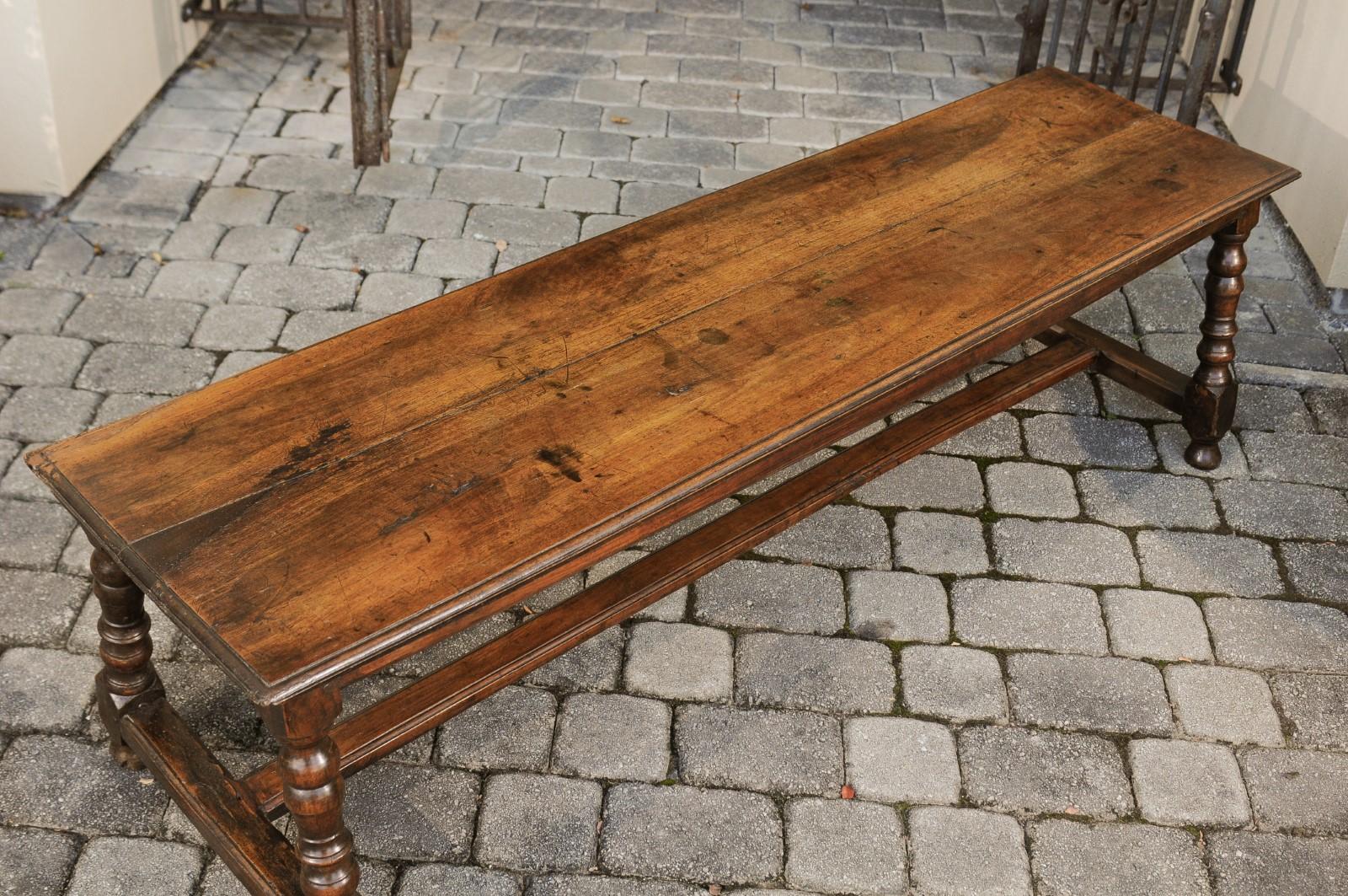 Italian 1800s Walnut Bench with Turned Legs and H-Form Cross Stretcher 2