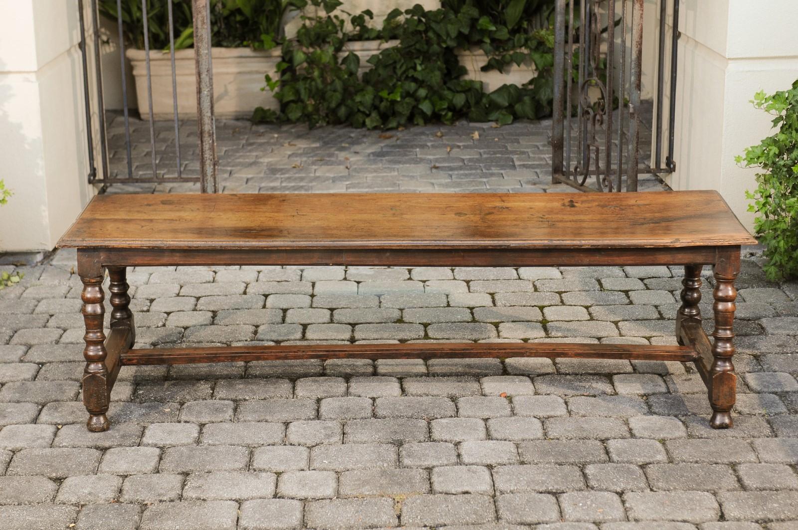 Italian 1800s Walnut Bench with Turned Legs and H-Form Cross Stretcher 4