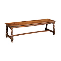 Italian 1800s Walnut Bench with Turned Legs and H-Form Cross Stretcher
