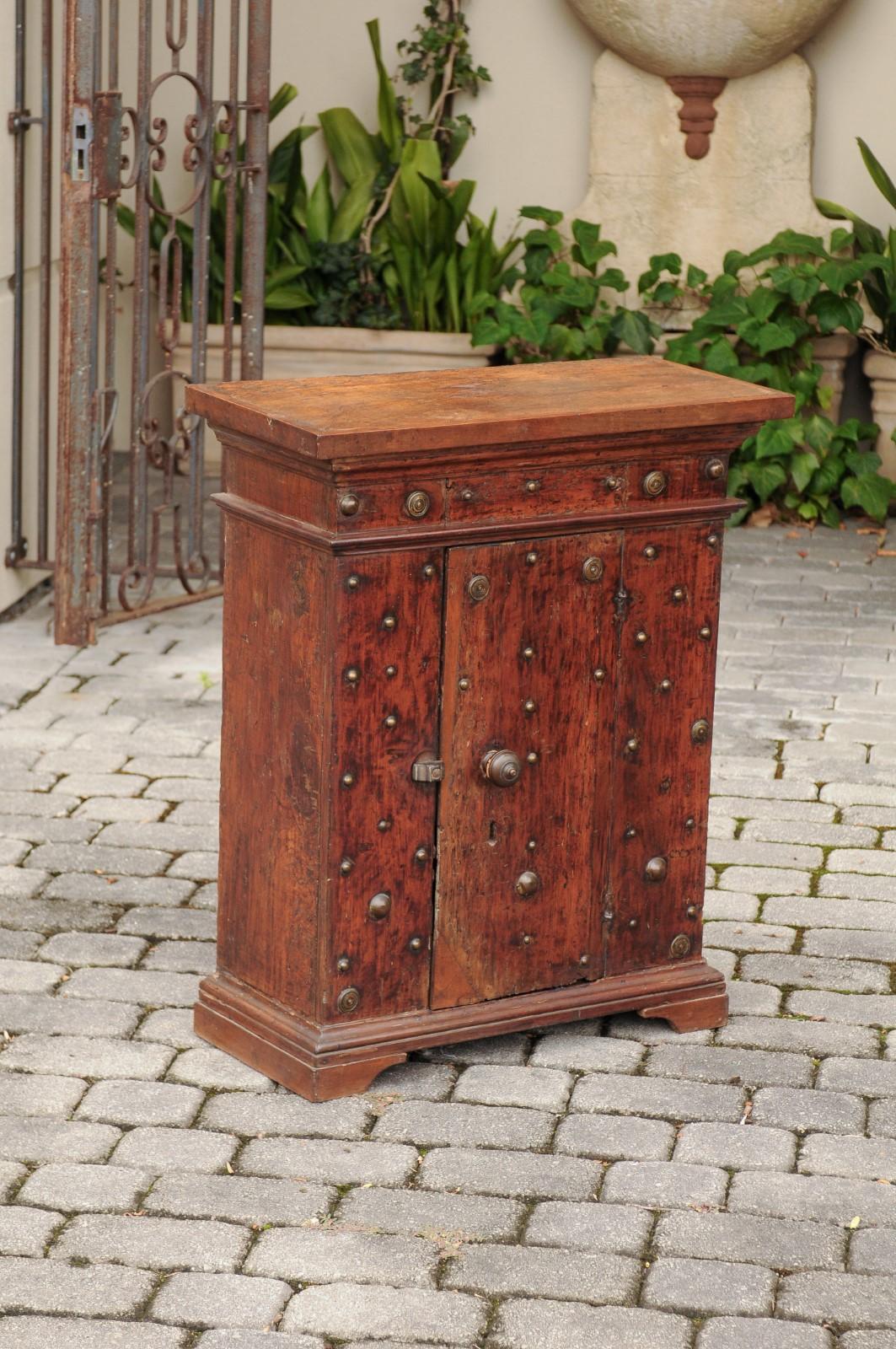 19th Century Italian 1800s Walnut Cabinet with Metal Studs, Single Door and Bracket Feet For Sale