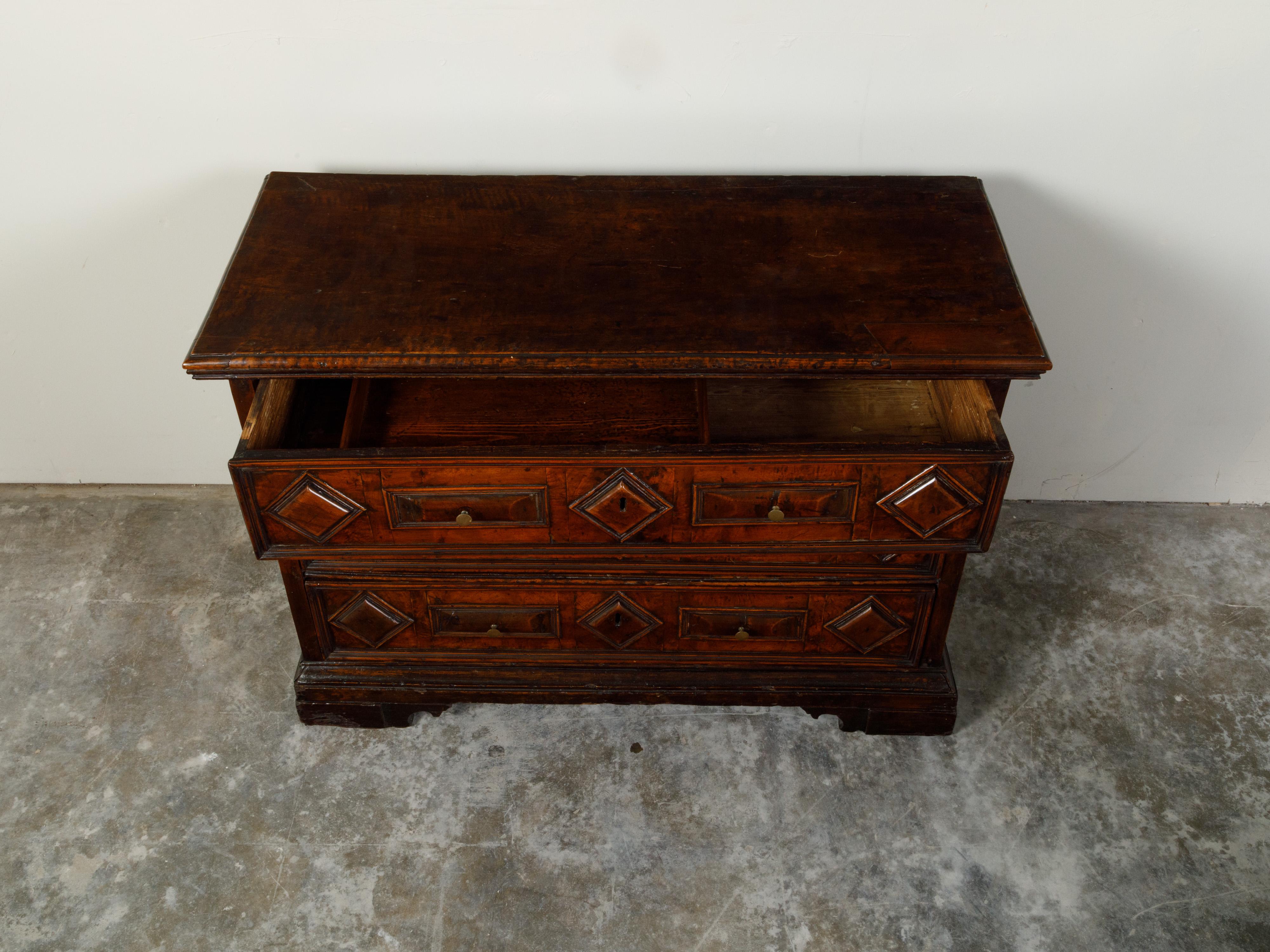 19th Century Italian 1800s Walnut Commode with Three Drawers and Raised Diamond Motifs For Sale