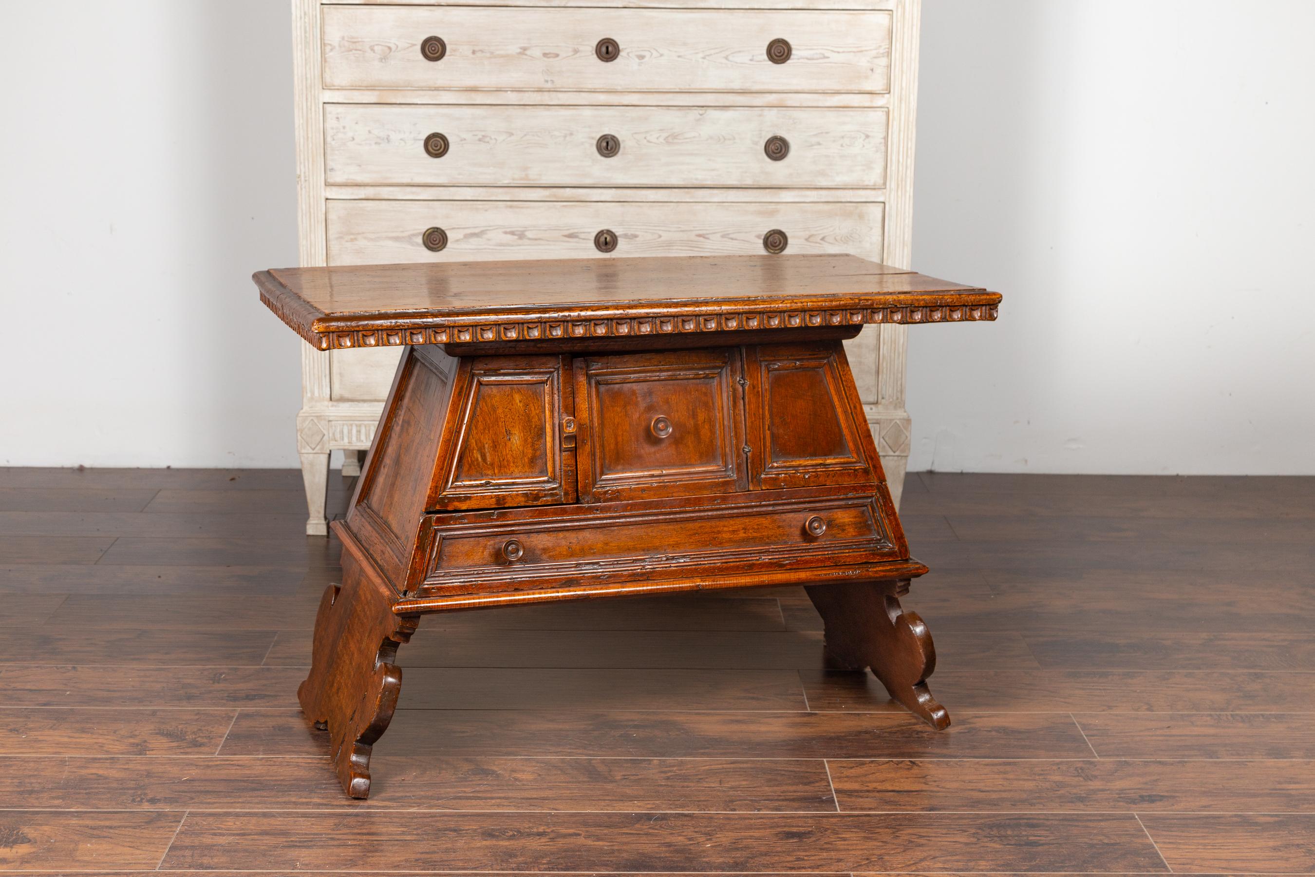 19th Century Italian 1800s Walnut Console Cabinet with Scoop Motifs, Doors and Single Drawer