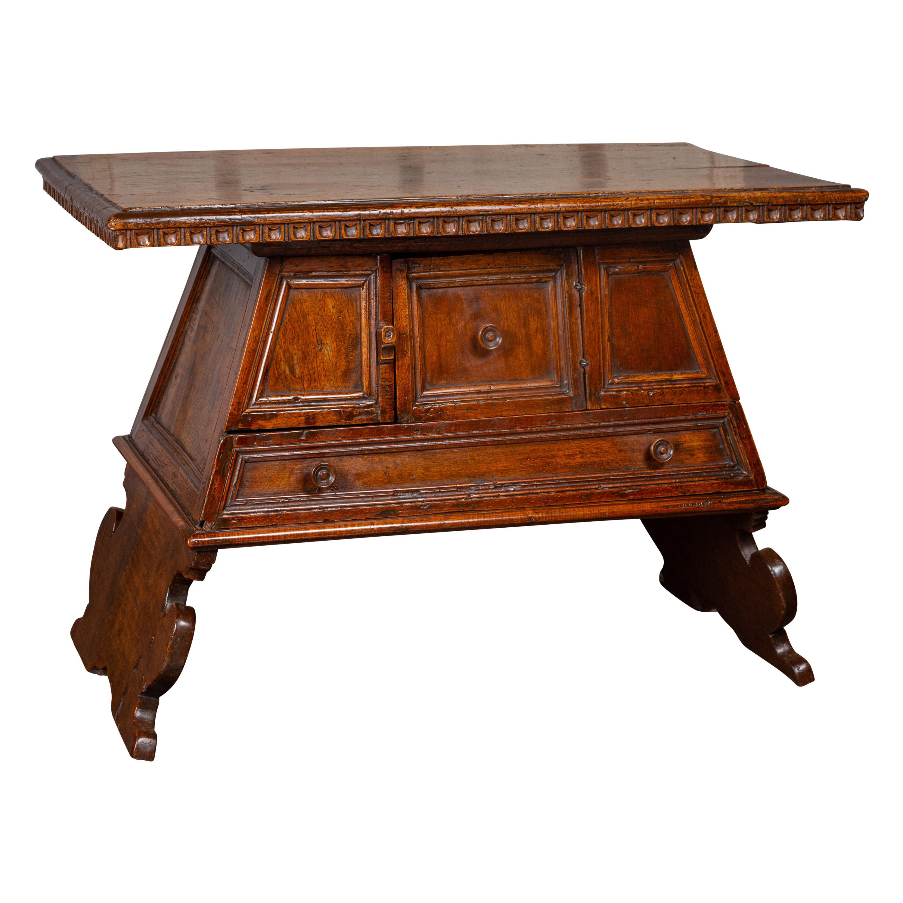 Italian 1800s Walnut Console Cabinet with Scoop Motifs, Doors and Single Drawer