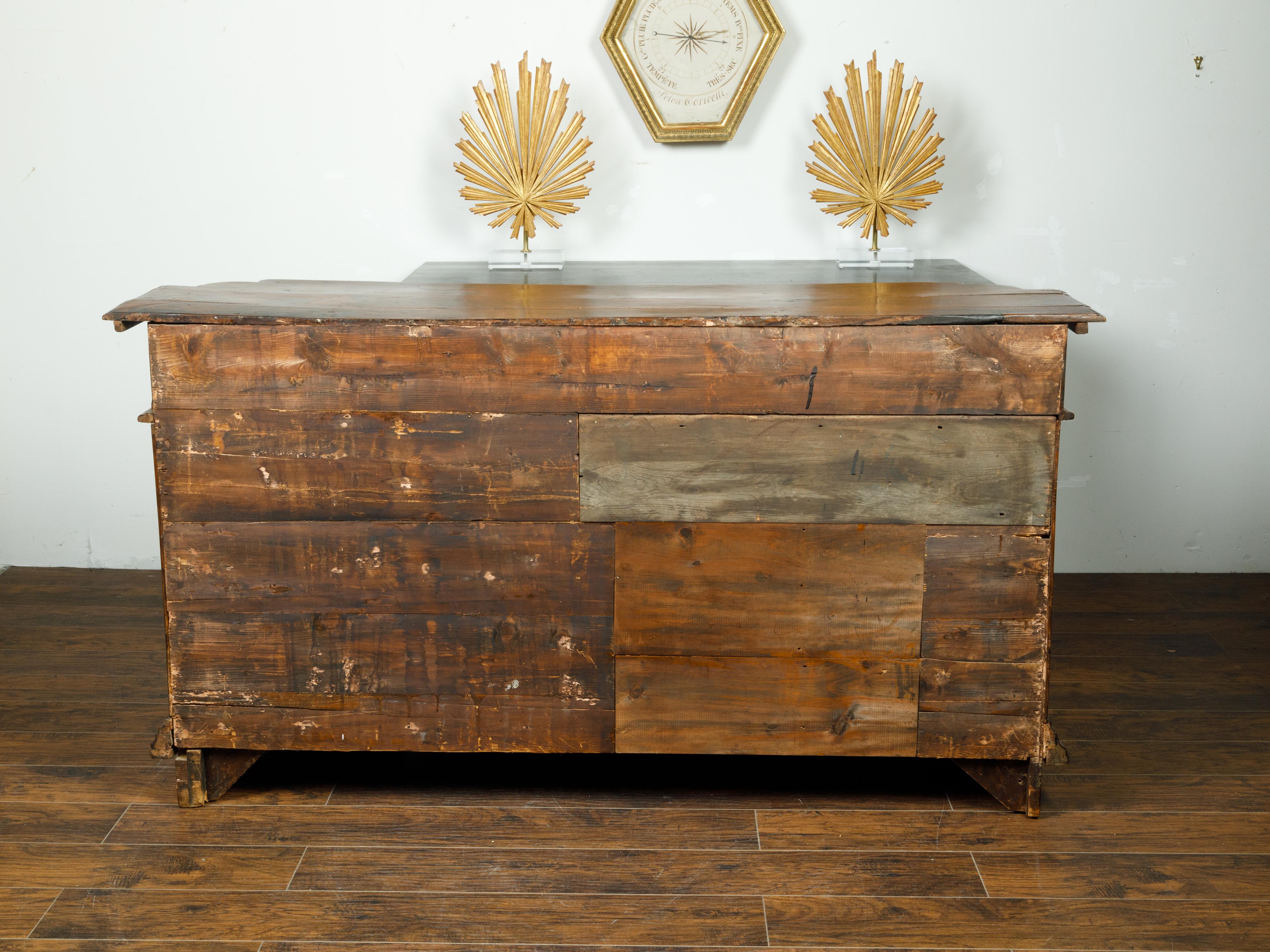 Italian 1800s Walnut Credenza with Drawers, Doors, Inlay and Foliage Carved Feet For Sale 6