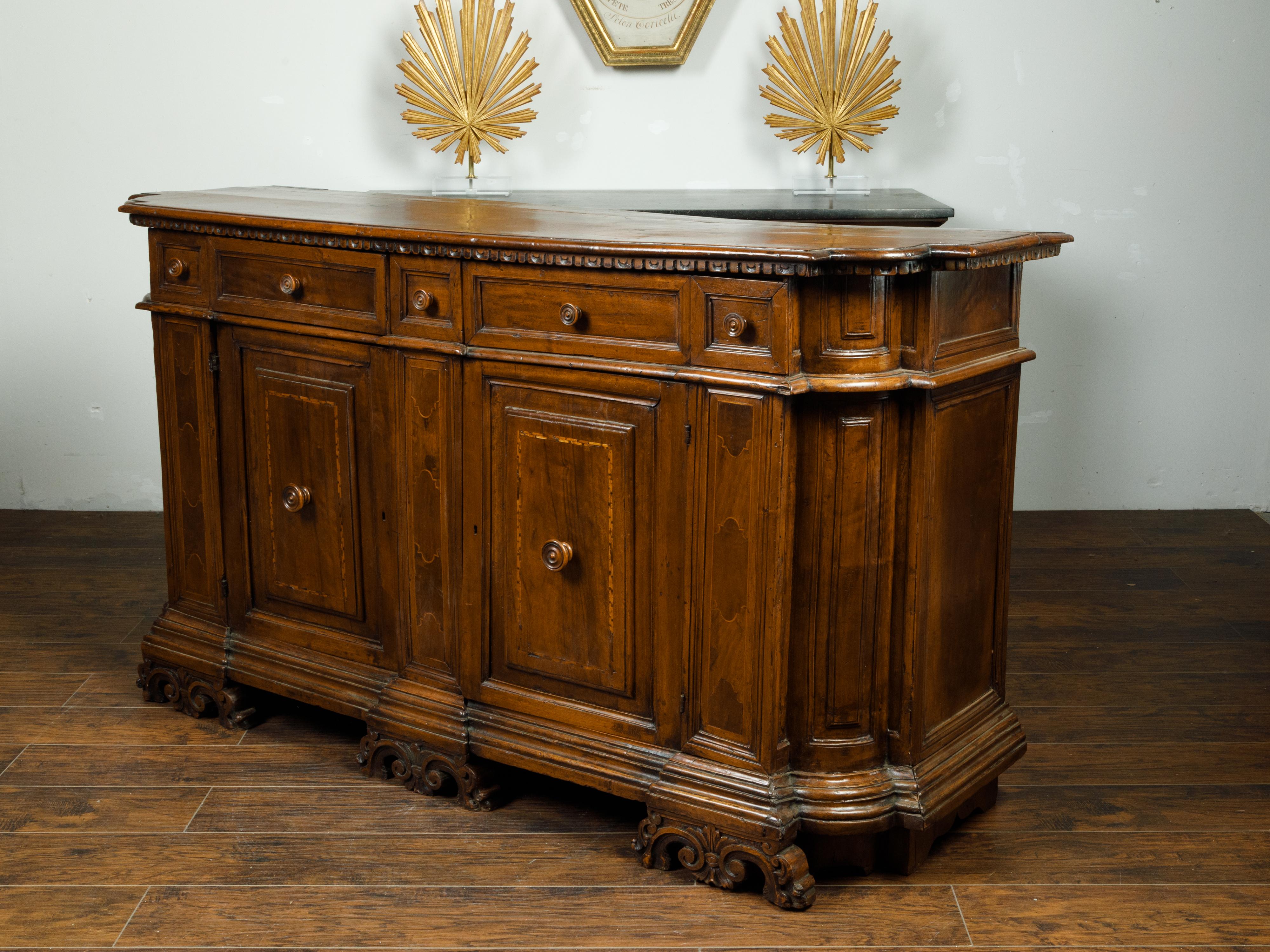 Italian 1800s Walnut Credenza with Drawers, Doors, Inlay and Foliage Carved Feet In Good Condition For Sale In Atlanta, GA
