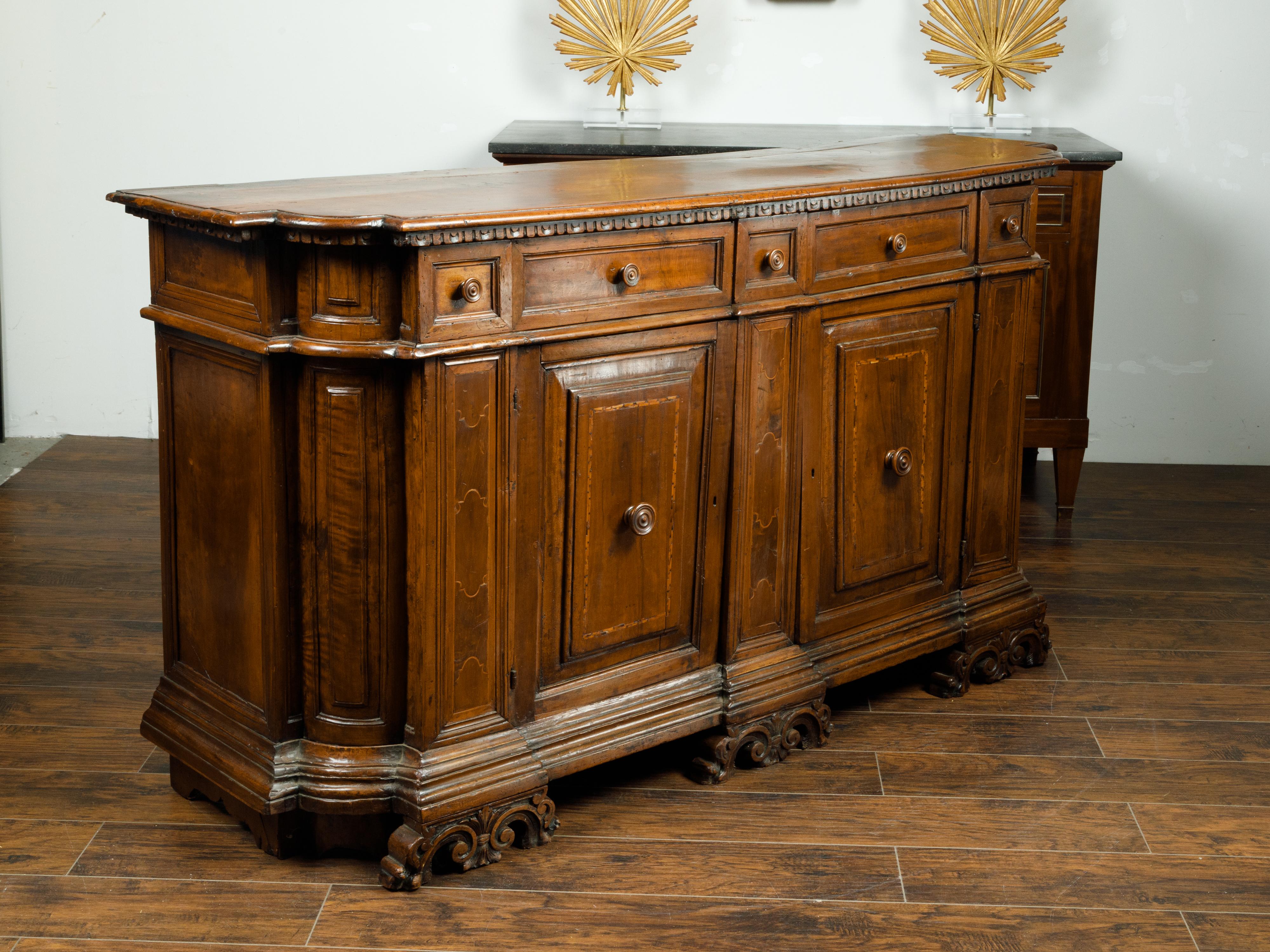 19th Century Italian 1800s Walnut Credenza with Drawers, Doors, Inlay and Foliage Carved Feet For Sale